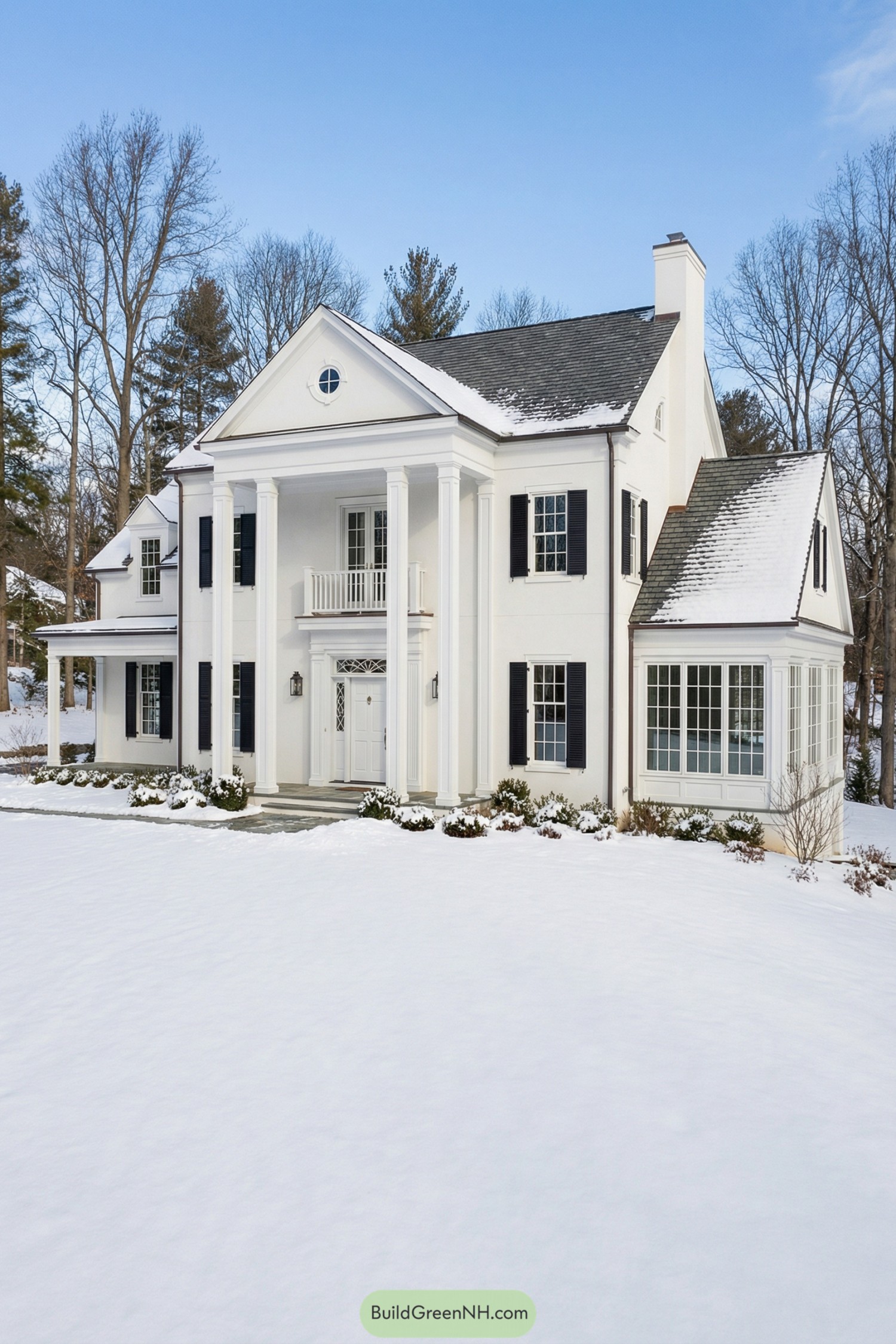 Grand white two story house with tall front columns and black shutters in a snowy yard