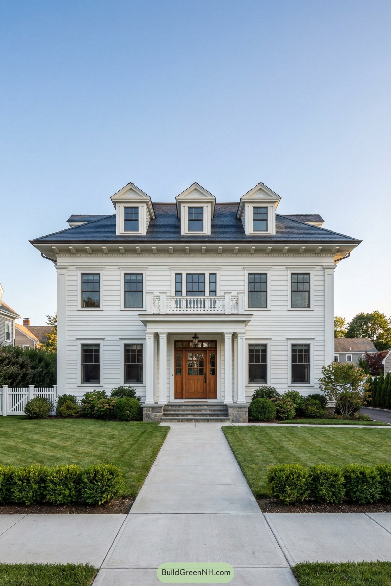 Large white two story house with three dormers and a central columned entry