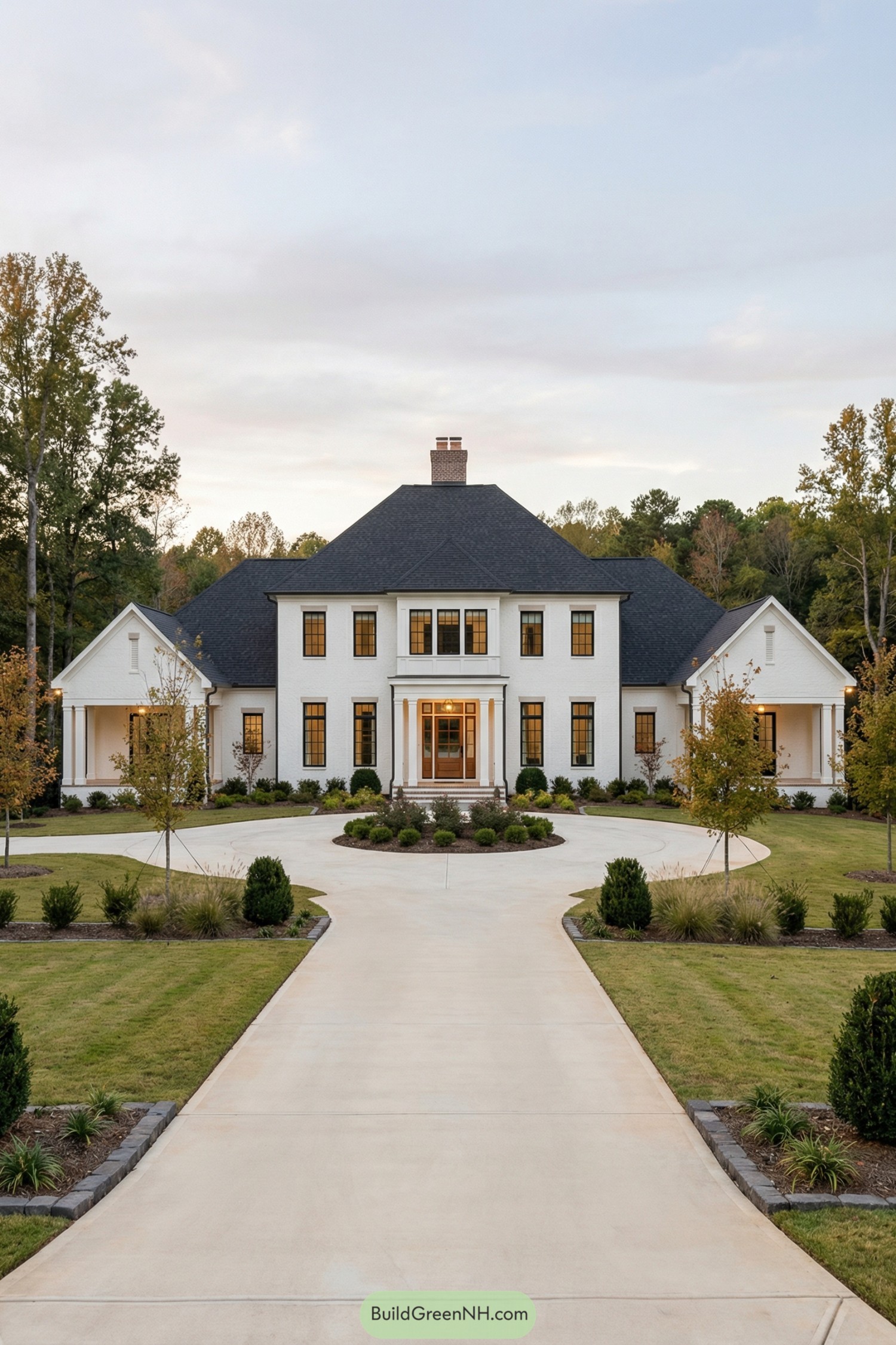 Large white brick estate with dark roof and circular drive