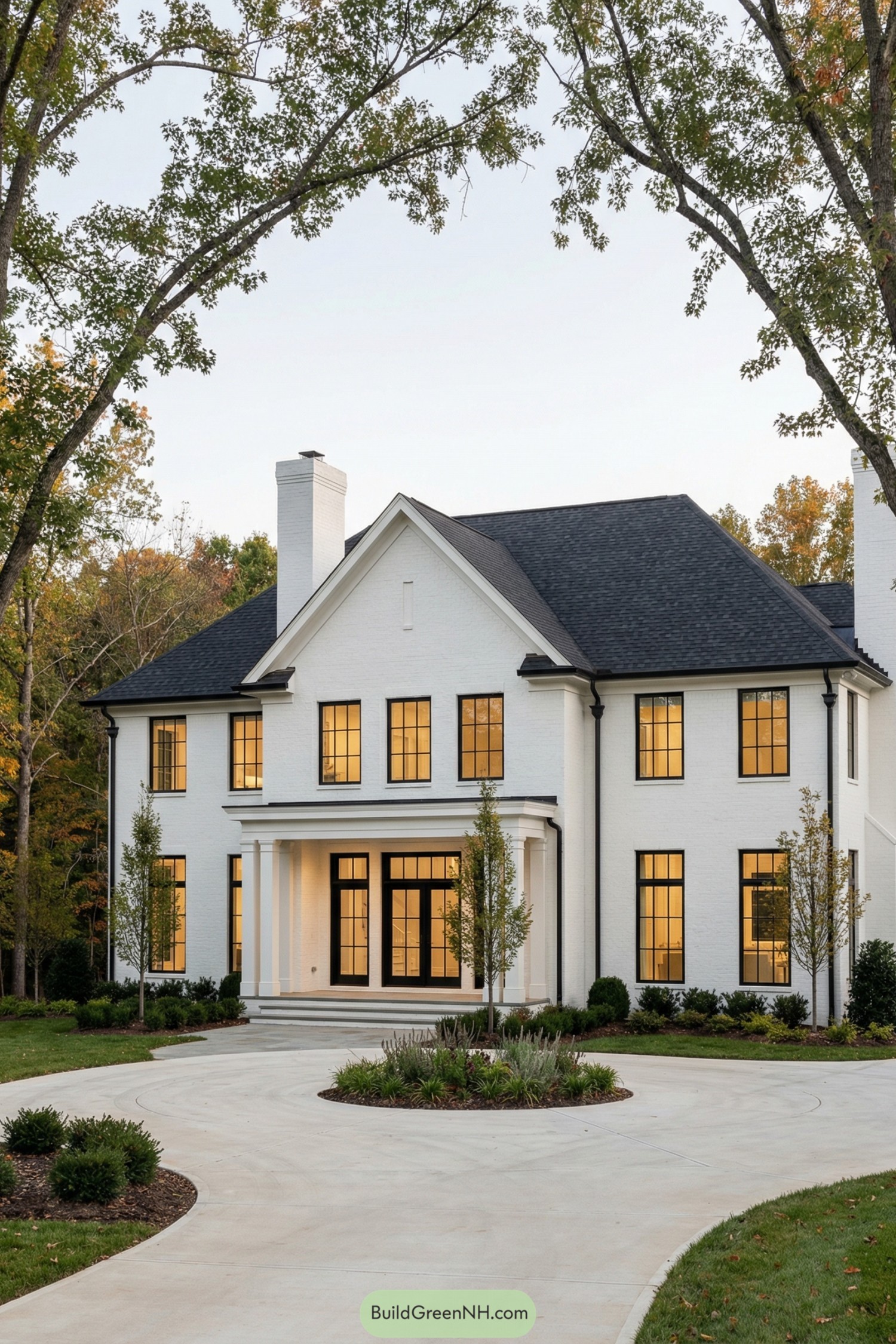 Large white brick two story house with black framed windows and a columned front porch on a circular drive