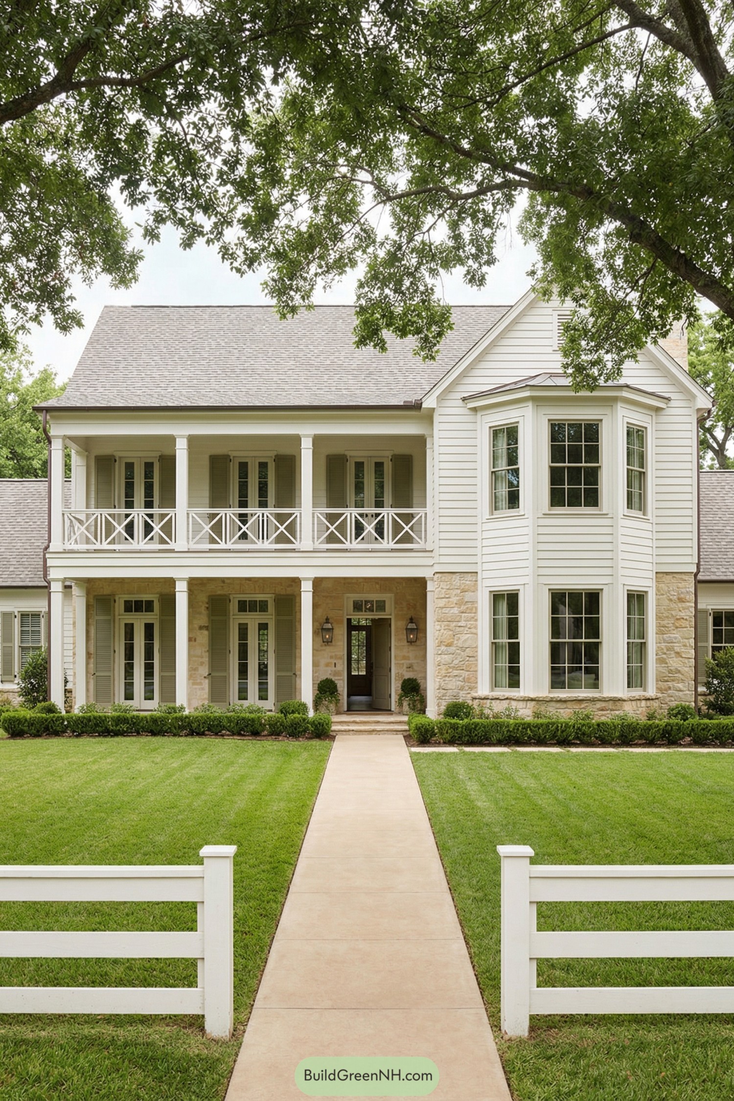 White two story farmhouse with stone accents and double front porches