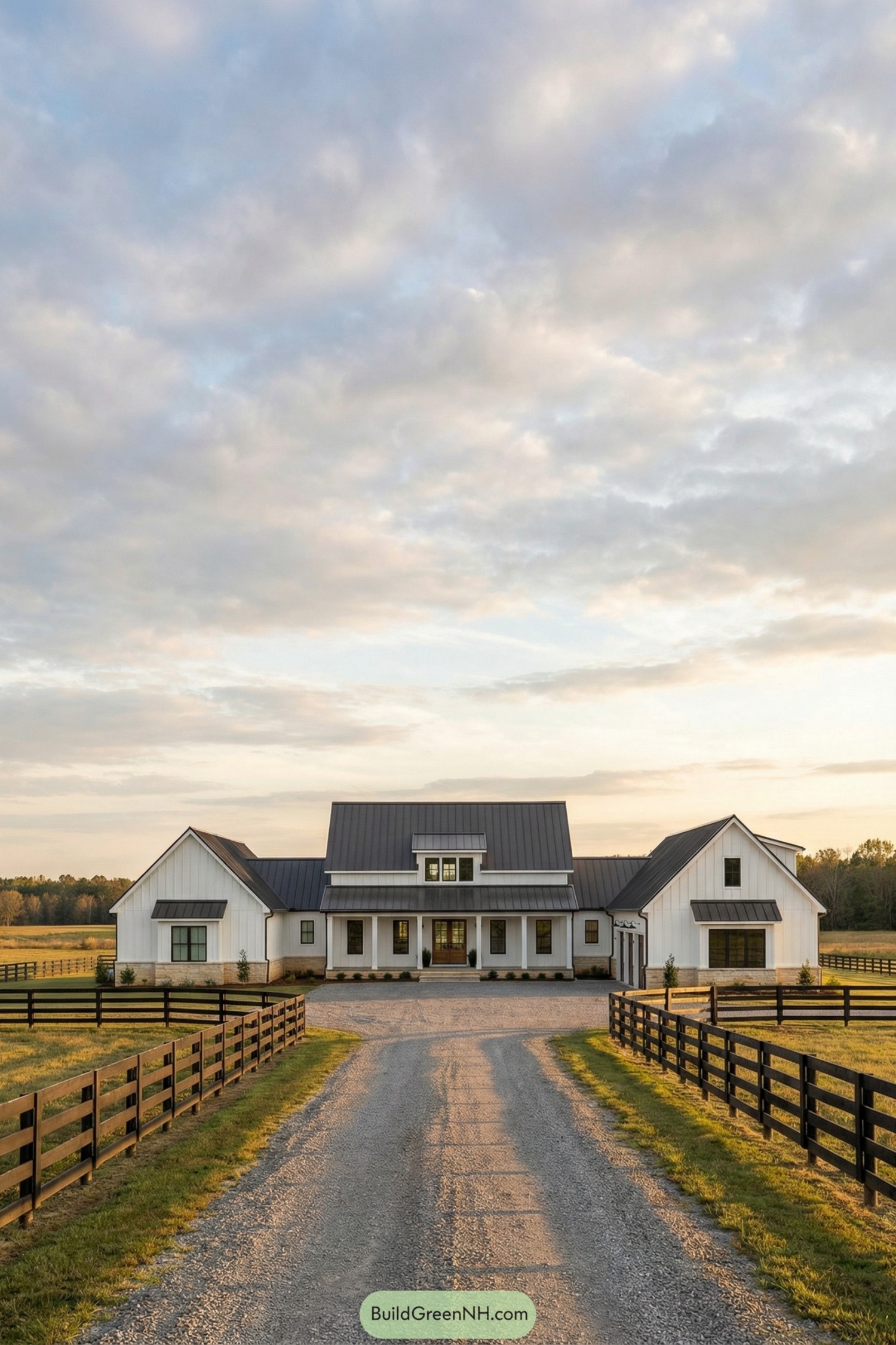 White board and batten farmhouse with dark metal roof, long gravel driveway, and fenced pastures on both sides