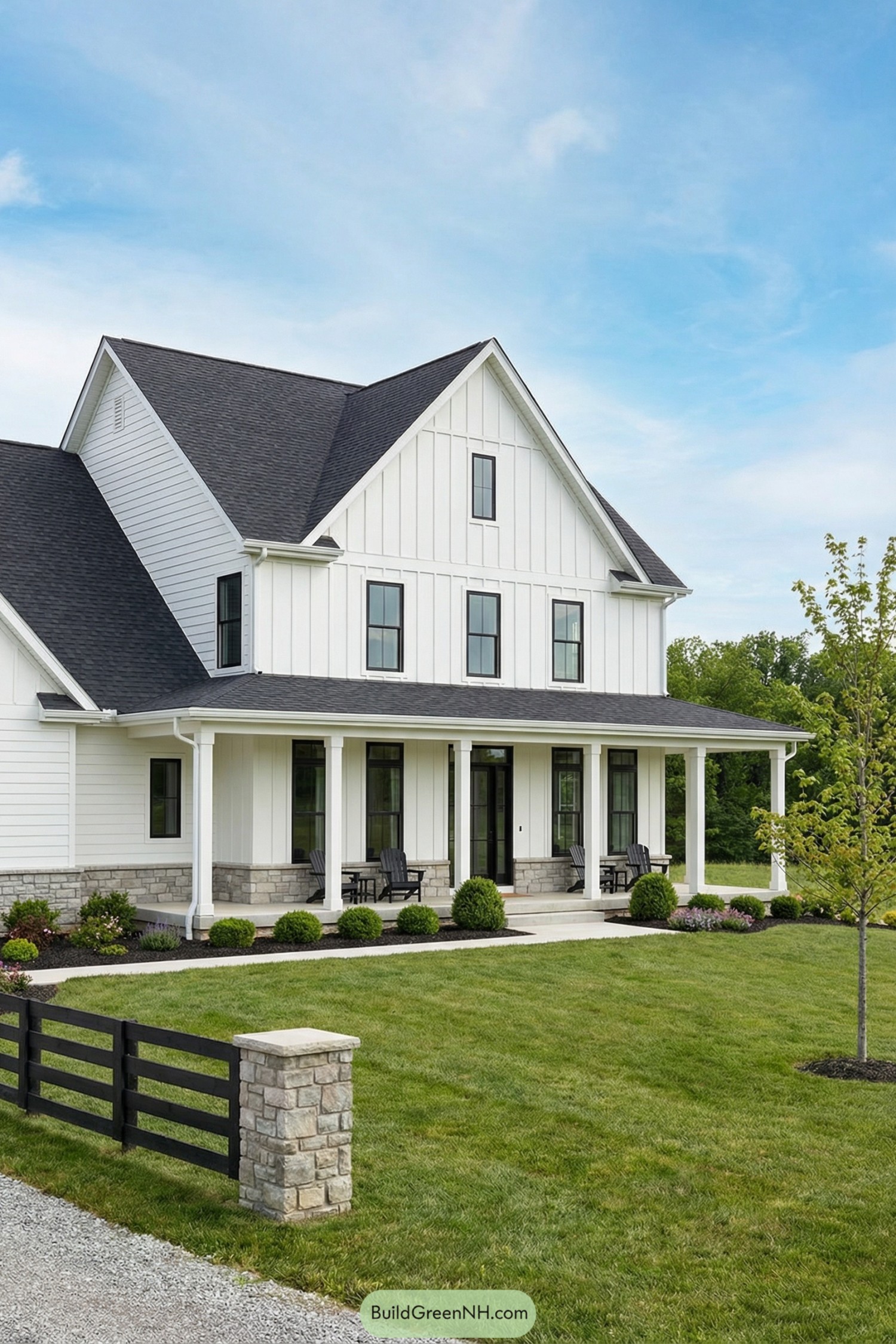 White modern farmhouse with deep front porch