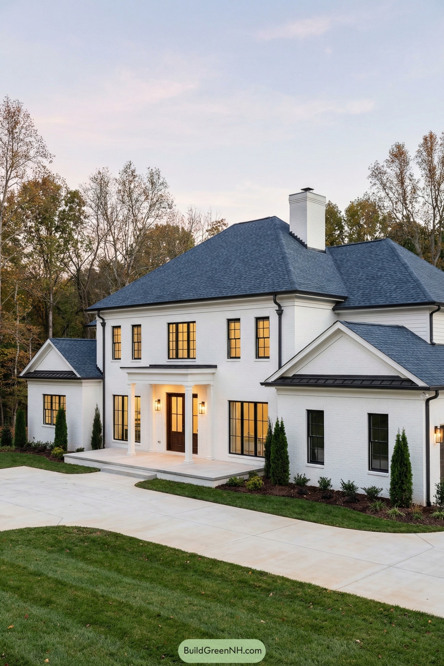 high-res photo of big white house, symmetrical front facade with central two-story portico, neoclassical-inspired style with clean contemporary lines, tall rectangular main volume with lower side wings stepping back, crisp white painted brick exterior with dark charcoal trim accents, deep blue-charcoal multi-gabled hip roof with moderate pitch and prominent eaves, single large white brick chimney, black metal gutters and downspouts. colors: dominant pure white walls, dark slate-blue roof, black window frames, warm golden interior lighting at dusk. shape of structure: large two-story main block, left and right side wings at varying depths, front-facing gables on both sides, strong horizontal cornice line defining upper floor, shallow columned porch recess centered on facade. materials: painted brick walls, smooth painted trim and cornices, black metal window frames, glass panels, concrete or stone porch slab, asphalt or composite shingle roofing. windows style: tall narrow rectangular windows, mostly paired or grouped, black-framed with divided lights only at upper sashes, evenly spaced on both floors, large picture windows on ground floor front, single small dormer-like window centered in left gable, matching windows punctuating side wings, subtle black shutters implied by framing but not protruding. roof style: complex hip and gable roof system, dark shingle surface, strong ridgelines, front gables with simple triangular pediments, clean minimalist fascia boards. door style: centered double entry door in dark wood or black finish, full-height glass panels with sidelights, transom window above, soft warm light glowing from inside, simple modern hardware not prominently visible. outdoor area: wide light-colored curved driveway in smooth concrete sweeping across front lawn, generous front porch platform flush with main entrance, narrow concrete paths near foundation, subtle recessed lighting at porch ceiling. landscaping: manicured front lawn with rich green grass, low planting beds along foundation edge with dark mulch, small ornamental trees with thin trunks near facade, evenly spaced columnar evergreens framing corners and entry, circular landscaped island inside driveway curve with low shrubs and seasonal flowers, foreground tree trunks partially framing right side of view. surrounding background: mature deciduous trees with sparse foliage suggesting late autumn, soft pastel evening sky, neighboring woodland creating private estate ambience, no other buildings visible, overall calm upscale suburban setting, scene captured from ground level slightly off-center to the left for depth and perspective. single real-life photo, high-resolution, architectural photography, soft lighting, cinematic composition, strictly no collages.