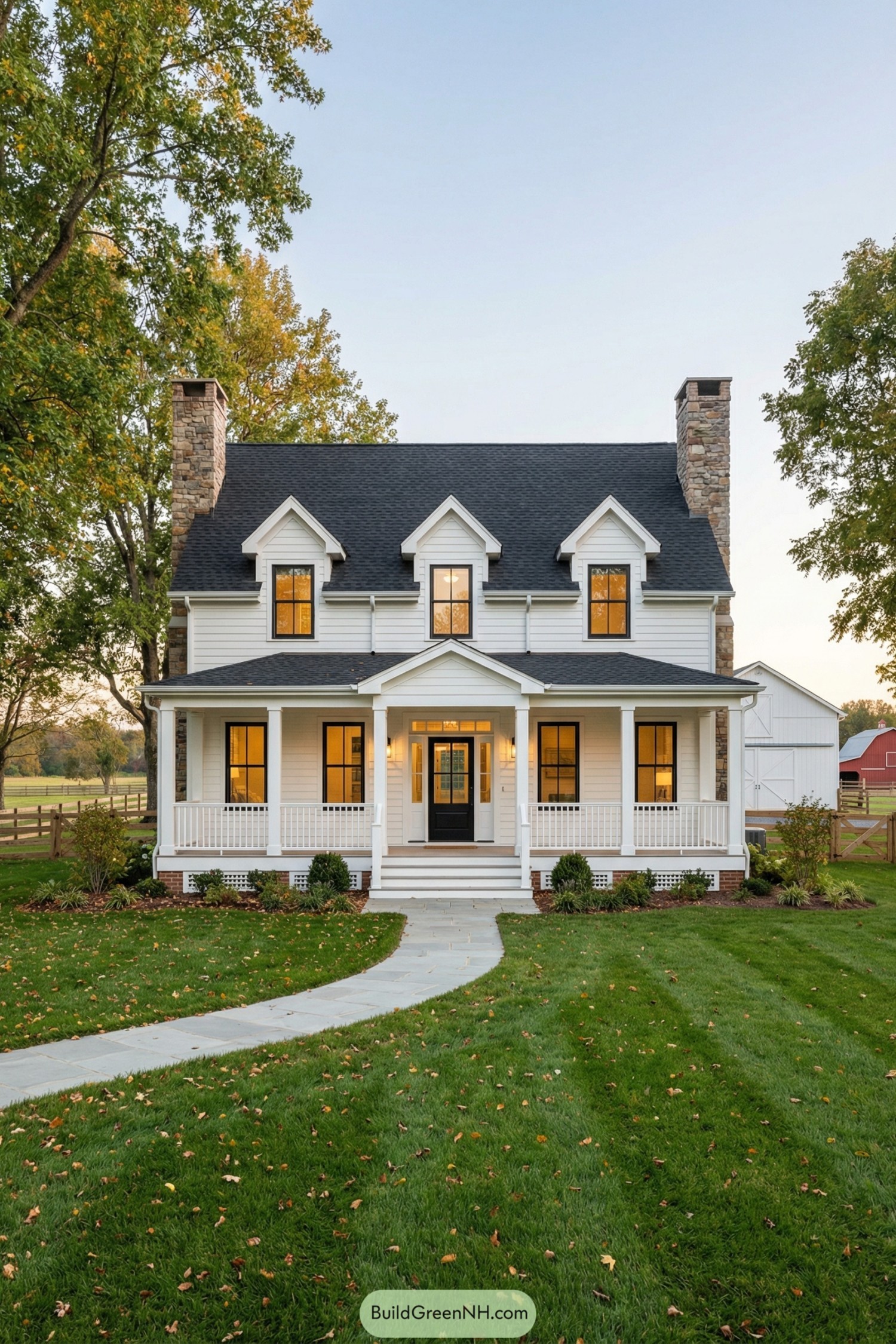White farmhouse with wide porch and black windows