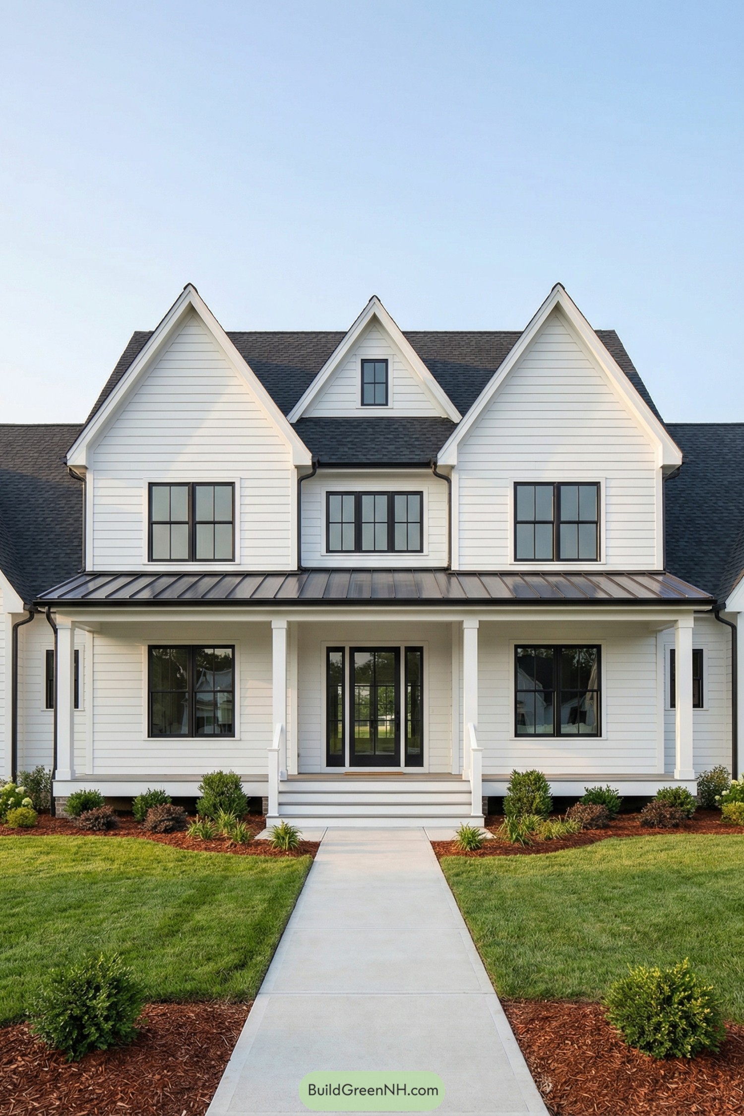 White farmhouse style home with triple front gables and a covered porch