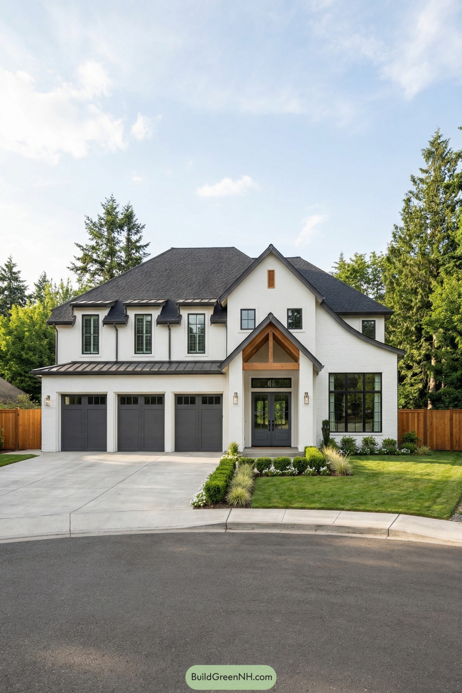 Modern white two story house with dark roof and three car garage