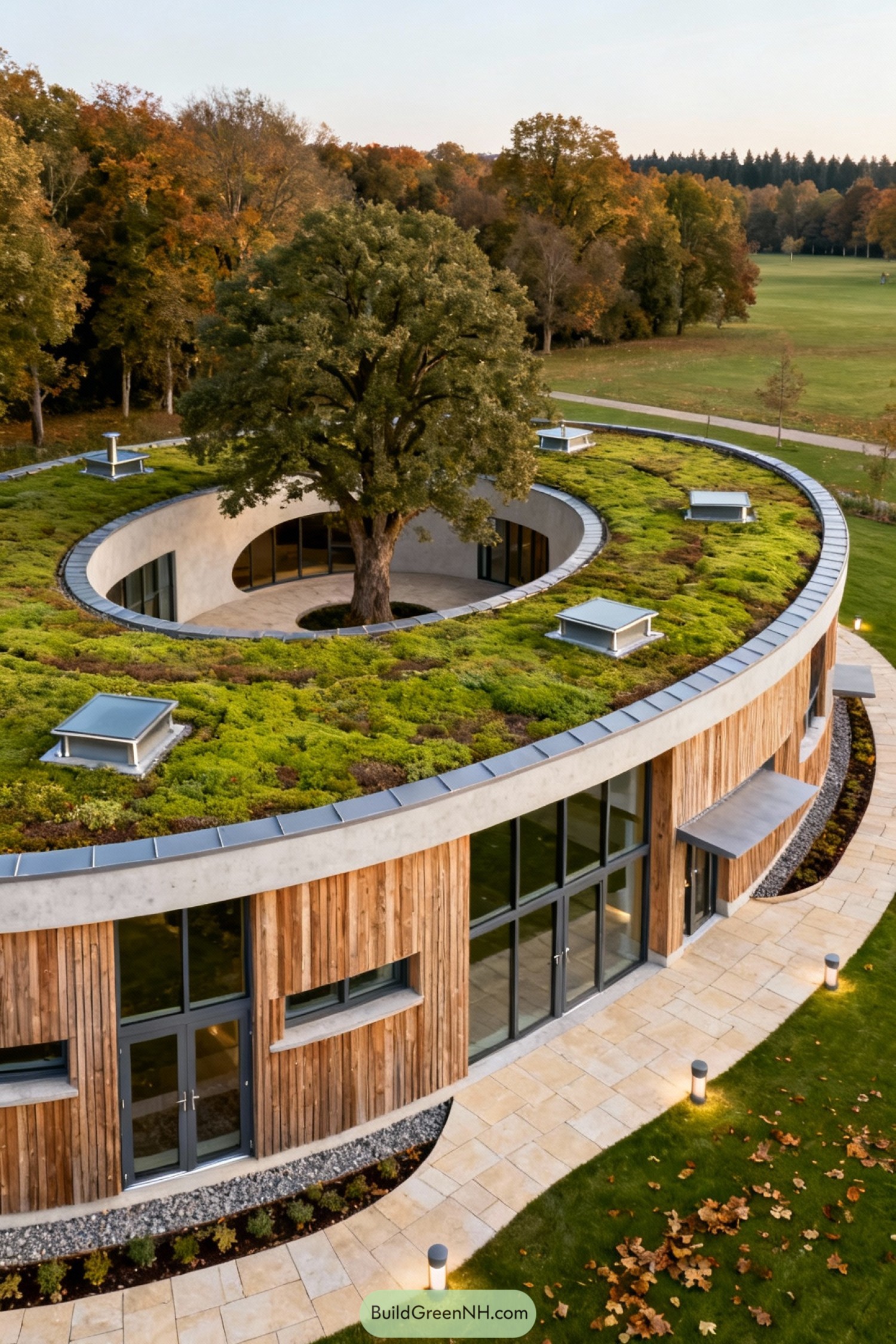 Circular green roof building wrapped around a large tree