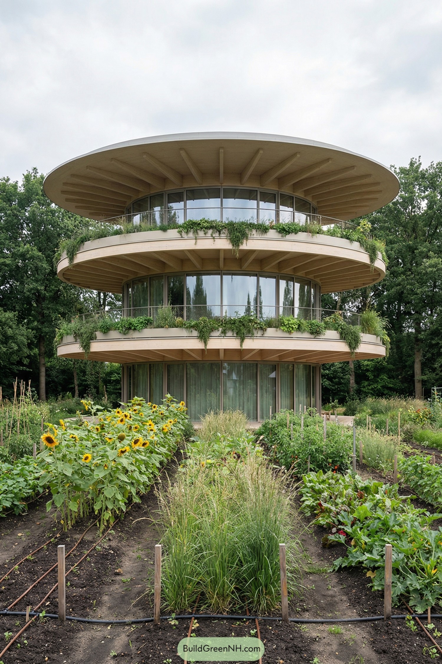 Round three story circular house with tiered gardens and surrounding vegetable beds
