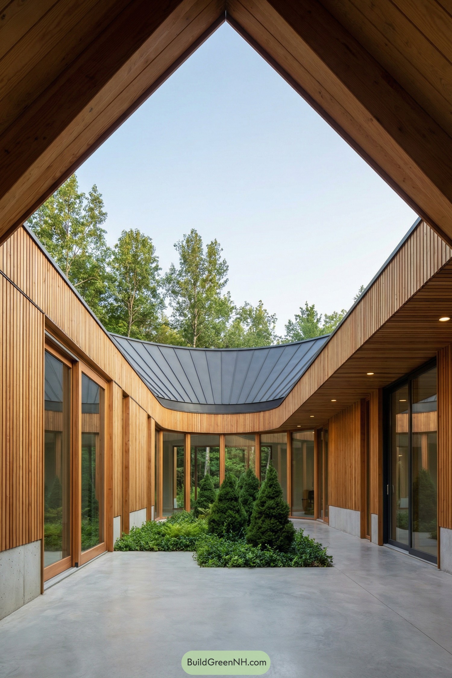 Open timber courtyard surrounding a sunken garden