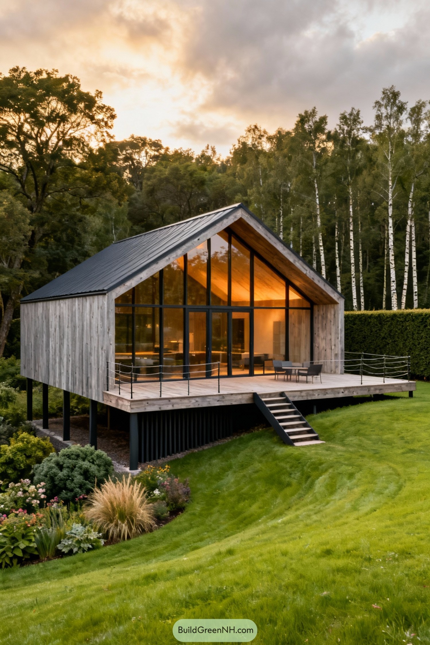 Modern wooden cabin with full glass facade on raised deck in lush green landscape