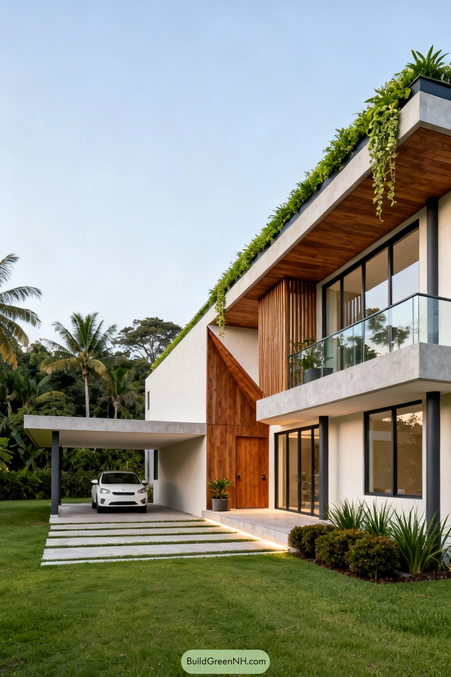 Modern tropical house with green roof, wood accents, and large glass windows beside a carport