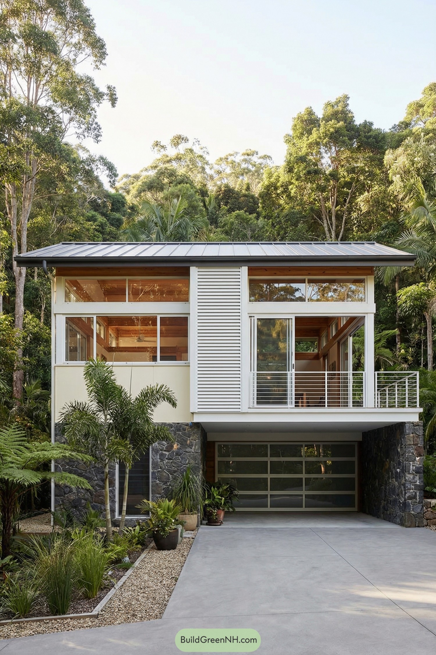 Modern elevated house with glassy upper floor, stone base, and lush surrounding trees