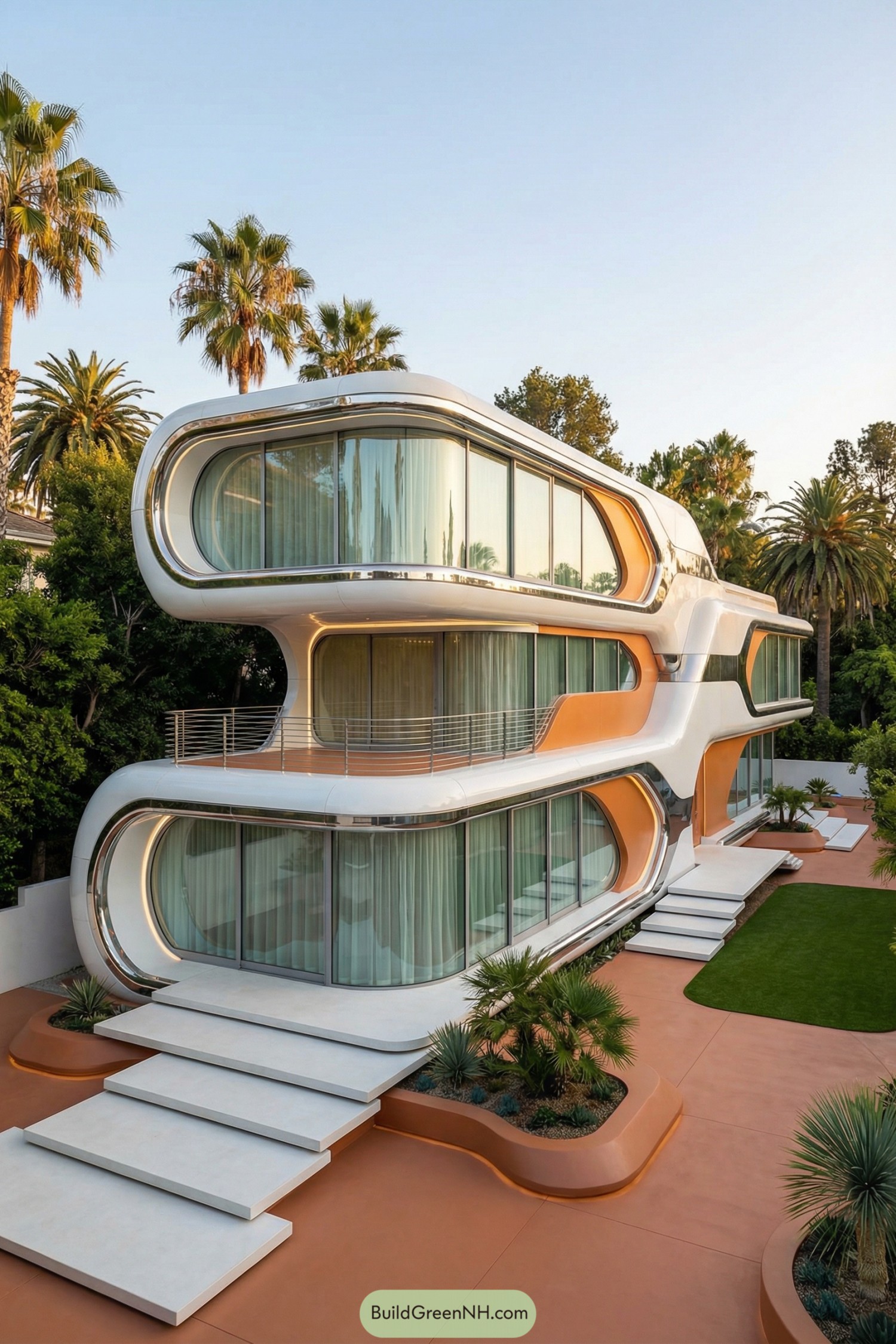 high-res photo of Bio Architecture house exterior, futuristic organic facade with flowing aerodynamic curves and rounded corners, stacked pod-like volumes cantilevered above each other, smooth seamless surfaces, dominant colors white, warm orange, and metallic chrome, shape of the structure elongated and horizontally layered with soft edges and recessed voids, primary materials glossy composite panels, polished metal cladding, and expansive curved glass, flat roof plates with ultra-thin profiles and clean overhangs, wraparound floor-to-ceiling windows with continuous glass bands and subtle mullions, light sheer curtains visible behind glazing, ground-floor full-height glass walls and wide sliding glass doors framed in slim metal, elevated second-level volume forming a sheltered terrace below, front approach with broad floating steps and low rectilinear platforms, integrated sculptural planter beds in white concrete, central rock garden with small palm and succulents, manicured lawn panels with sharp edges, smooth terracotta-colored forecourt and pathway, minimal railings and clean integrated lighting strips, surrounding environment with tall palm trees, dense low greenery, and distant mature trees, warm clear sky suggesting late-afternoon sun, overall setting cinematic and picture-worthy in a tranquil upscale neighborhood. single real-life photo, high-resolution, architectural photography, soft lighting, cinematic composition, strictly no collages