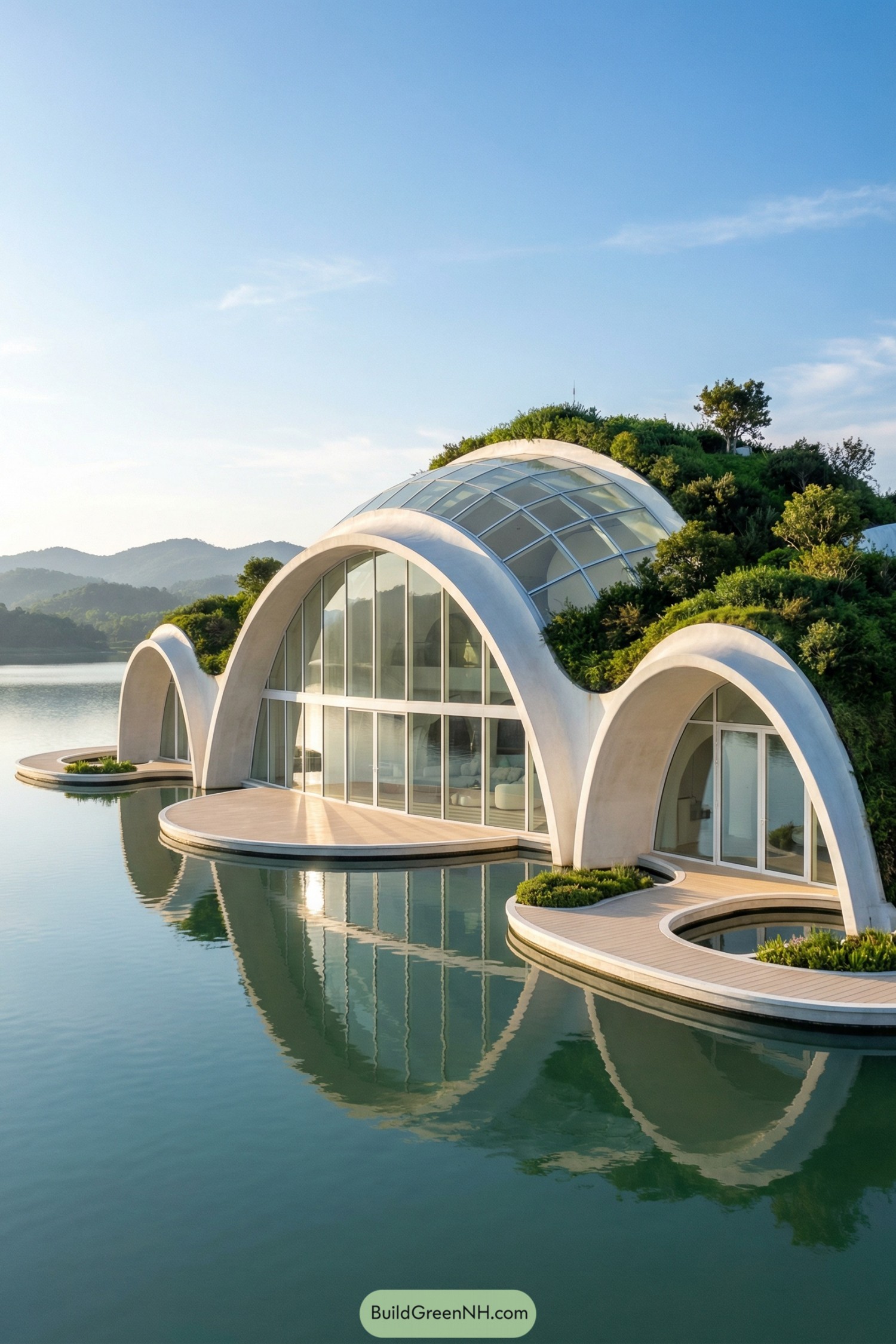 Curved glass and green-roofed home over calm water