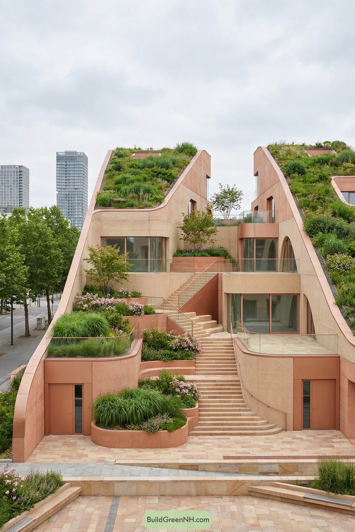 Tiered terracotta building with lush planted roof slopes and central stairway courtyard