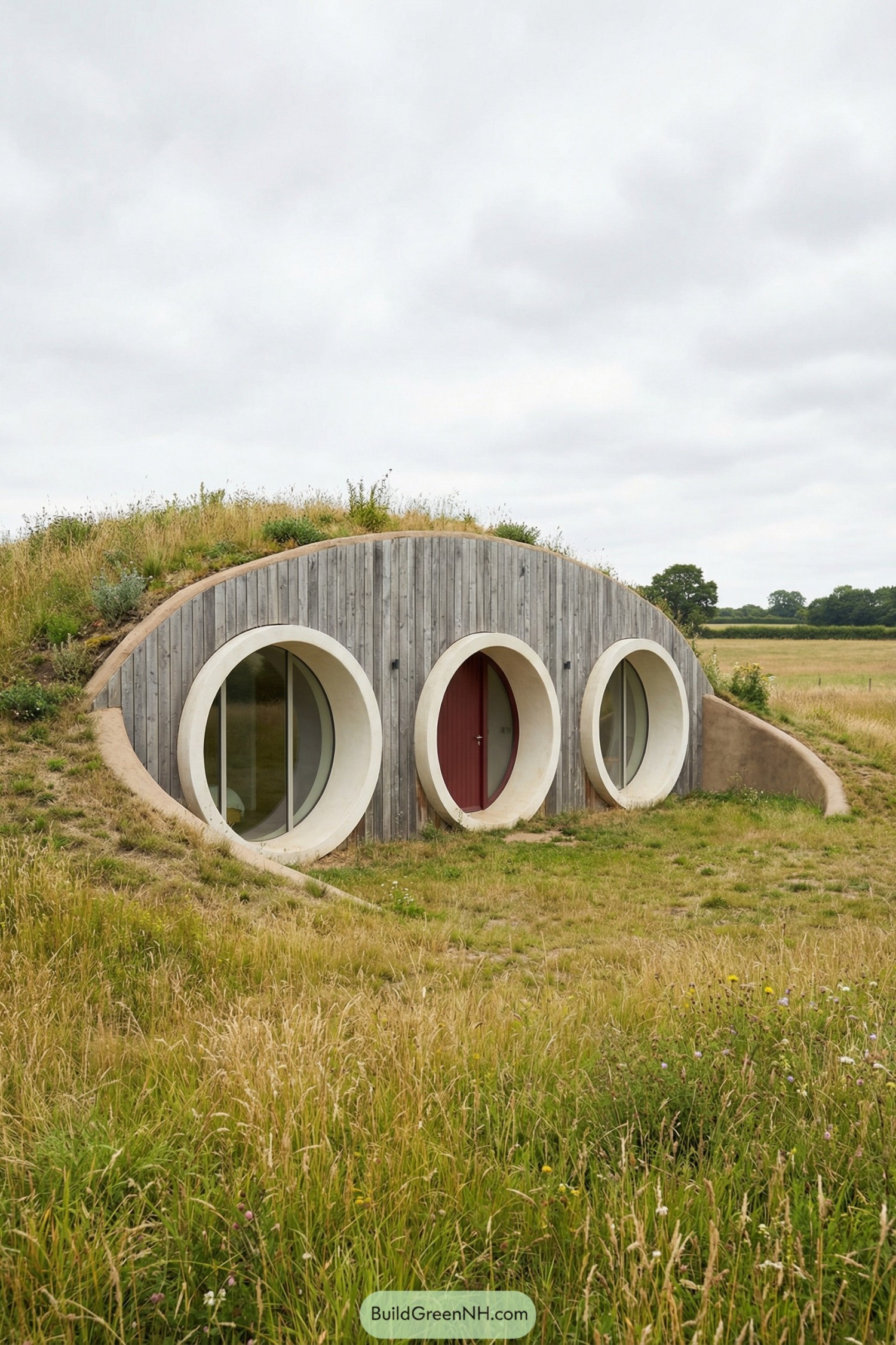 Earth-sheltered house with three round openings