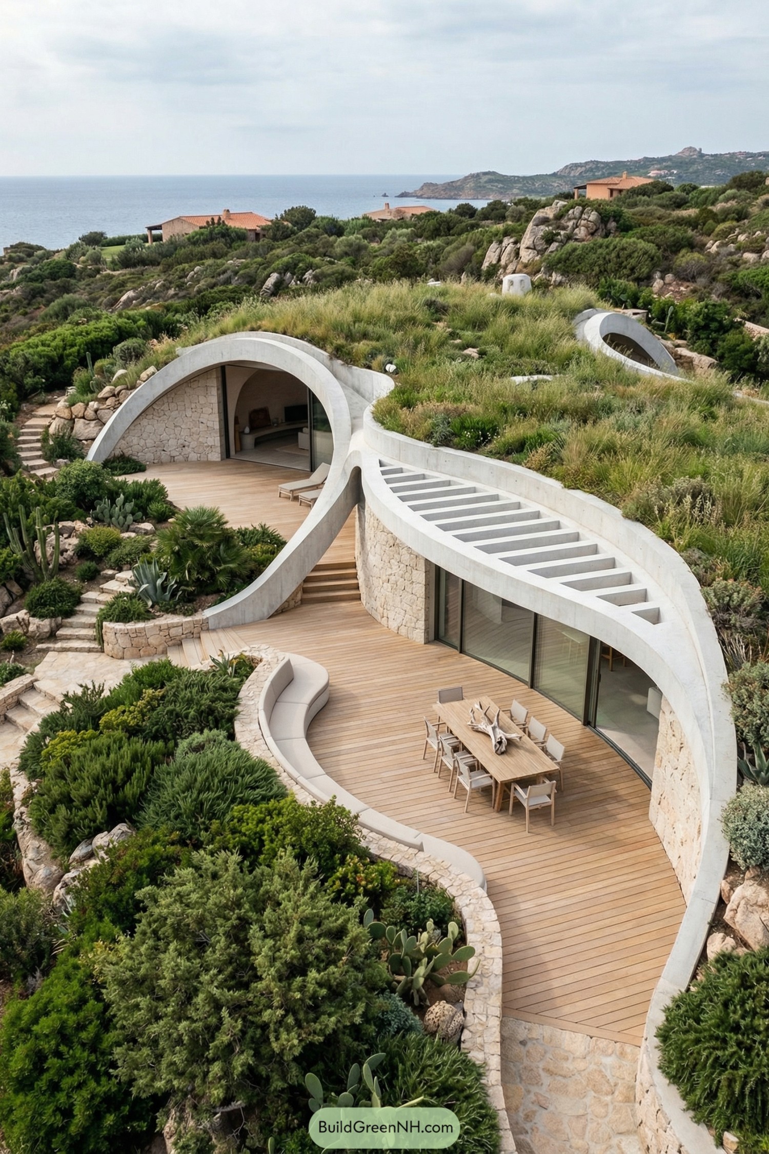 Curved hillside home with green roof and wooden decks overlooking the sea