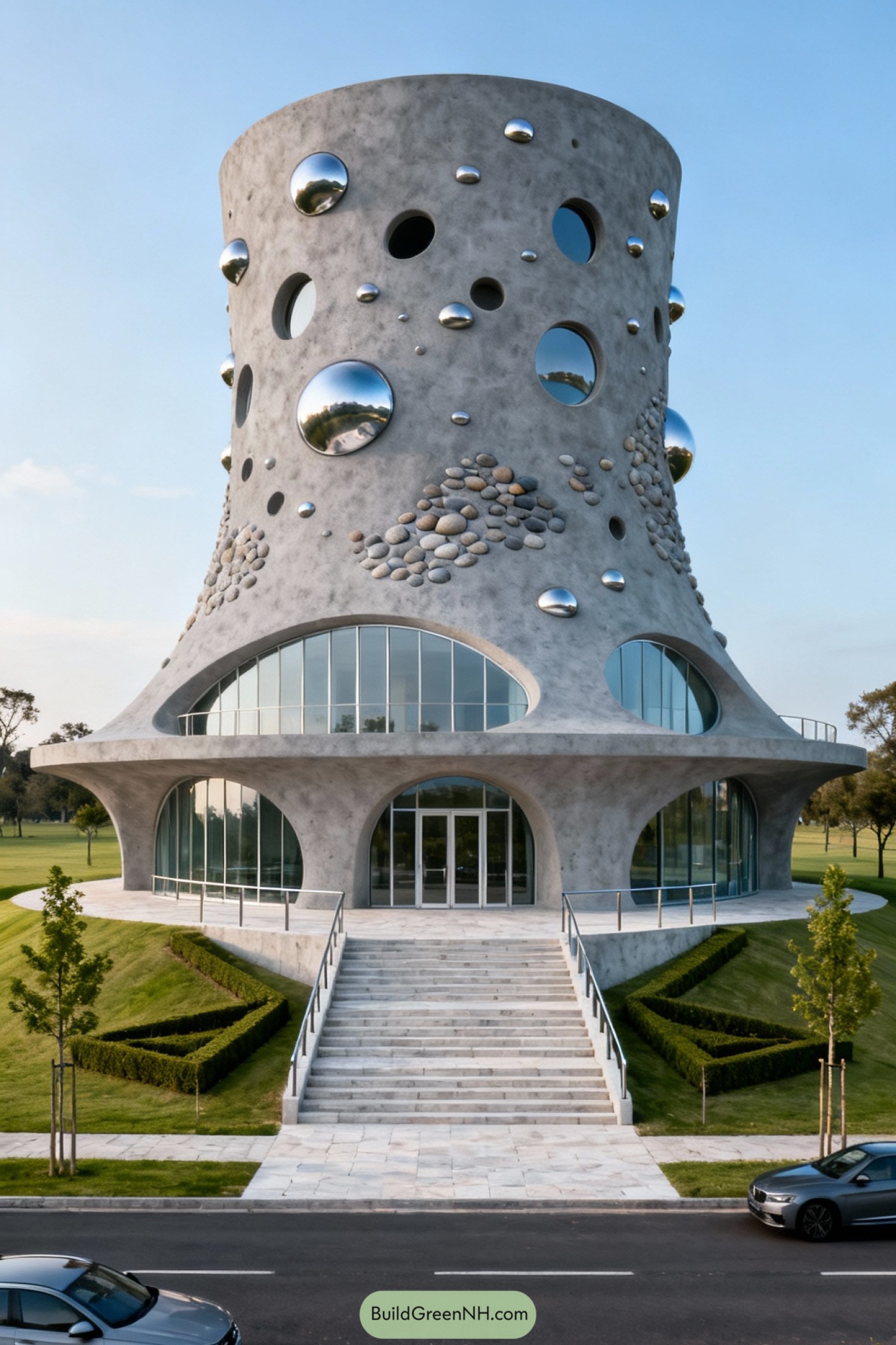 Funnel shaped concrete tower with circular windows