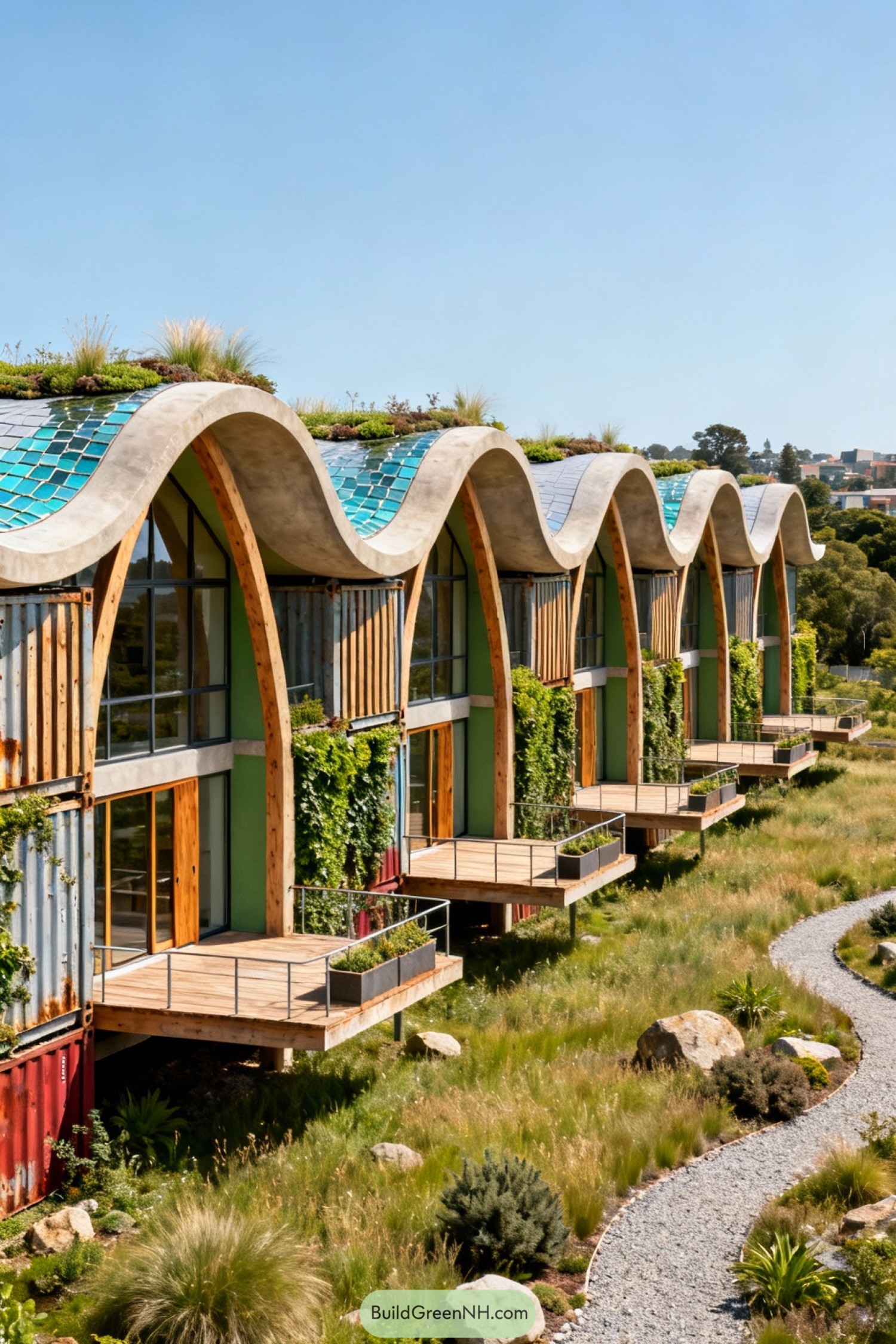 Curved green roof building with stacked balconies overlooking a naturalized meadow path