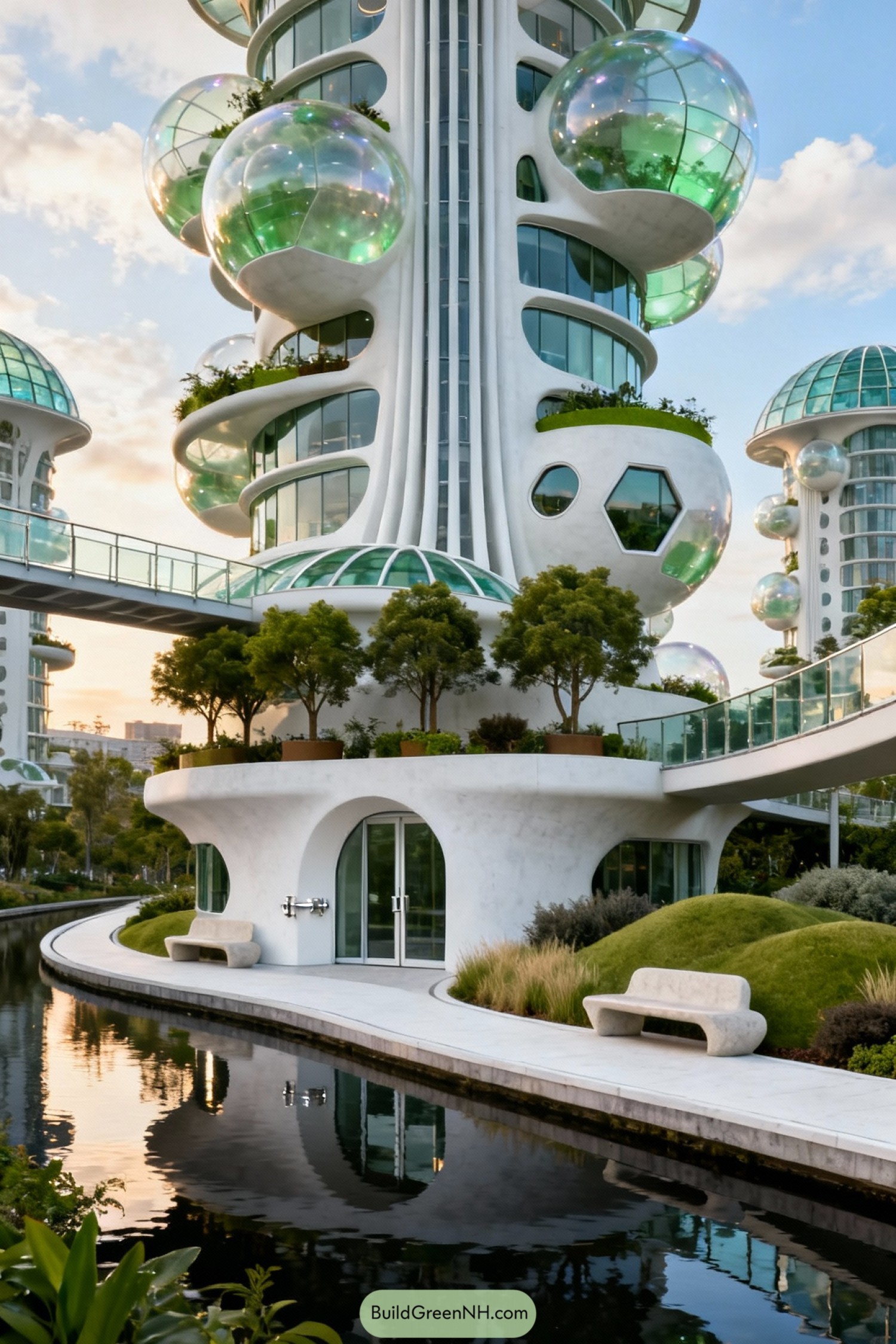 Futuristic white tower with glass bubbles and rooftop gardens beside a narrow canal
