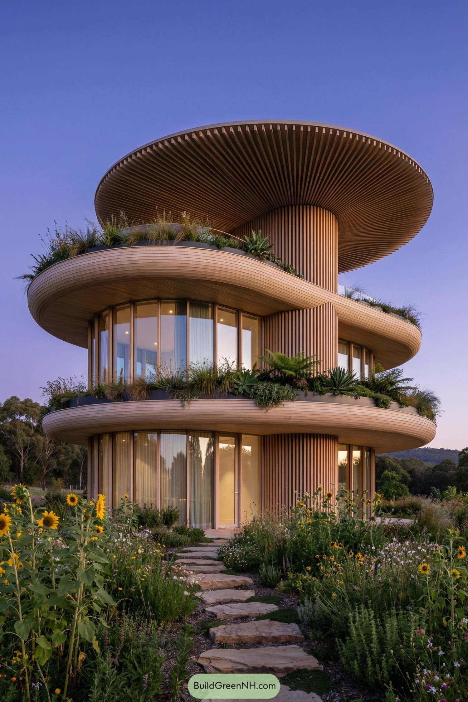 Curved multi‑level eco home with planted terraces at sunset
