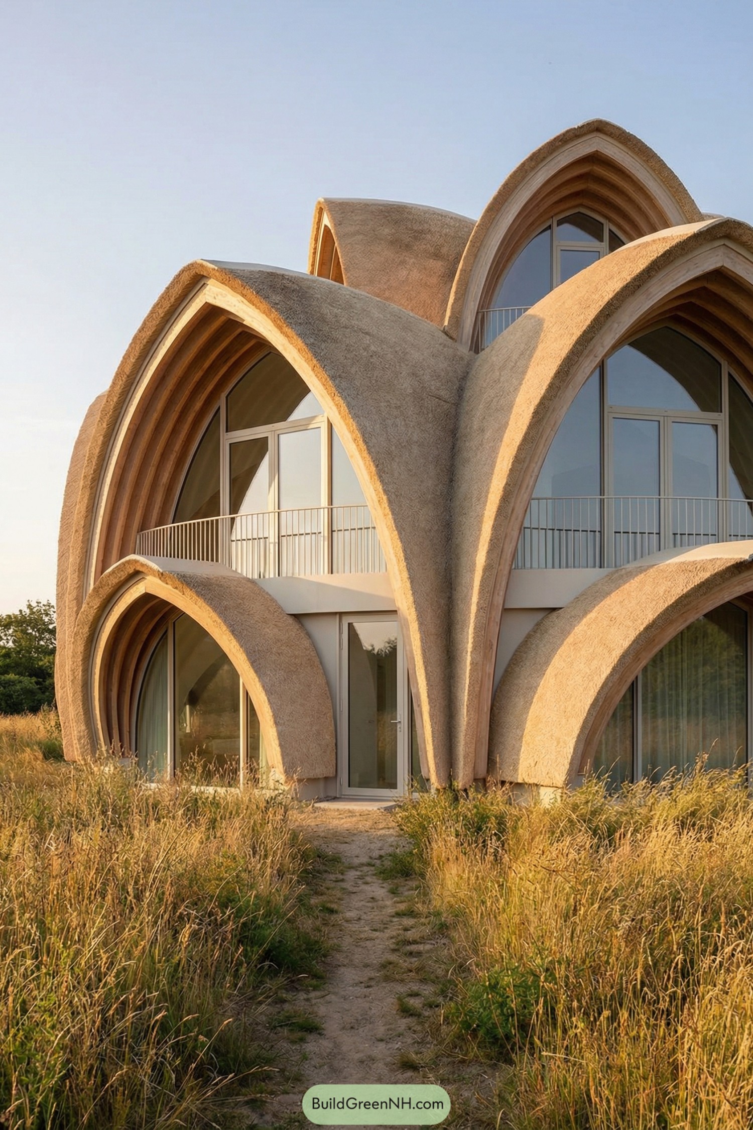 Curved earth-toned house with layered arch shells in a grassy field