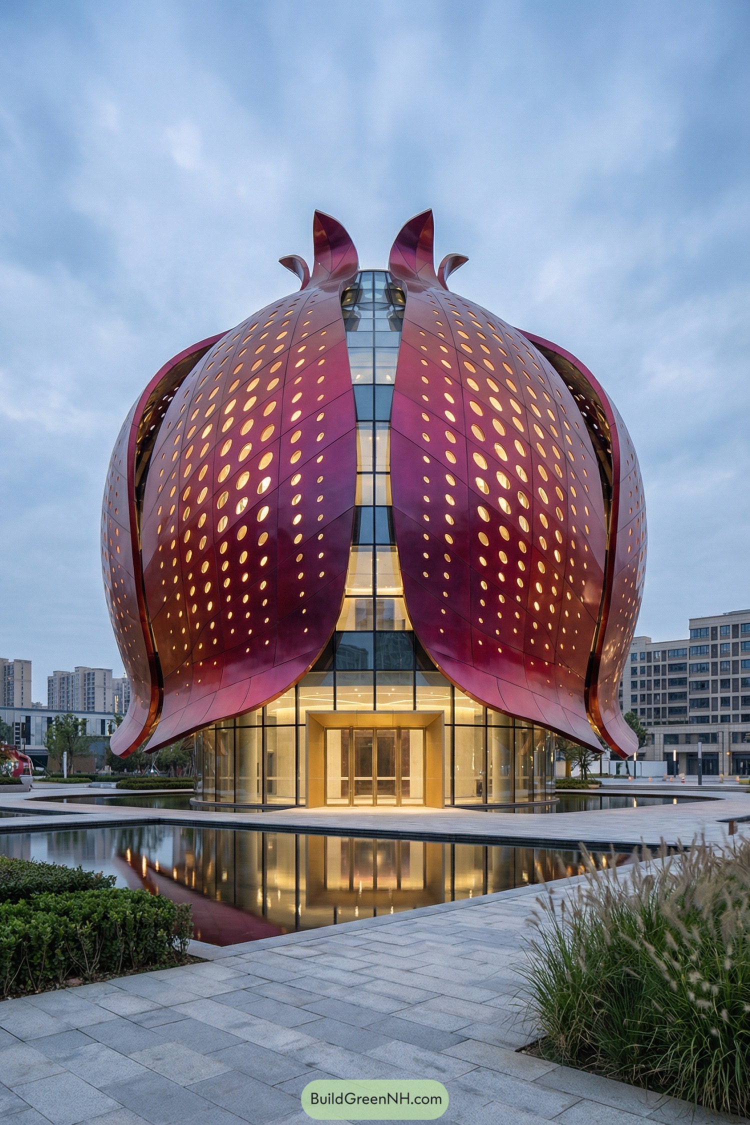 high-res photo of Biomimetic Architecture house exterior, facade dominated by a sculptural organic volume resembling an open flower or pomegranate, tall petal-like lobes wrapping the building, smooth glossy skin in deep crimson to magenta gradient with scattered oval perforations that glow with warm internal light. Shape of the structure bulbous and asymmetrical, multi-story central core encased by curving petals that flare outward at the top, slightly lifted at the base to reveal a recessed glass ground level. Materials of the building include iridescent composite or metal panels for the petals, dense field of micro-perforations, clear and lightly tinted curved glass curtain walls, slender dark structural ribs, and warm metallic trims around openings. Roofing formed by continuous merging of the petal shells into a seamless crown, concealed drainage, narrow skylight slits along the seams between petals, no visible traditional eaves. Windows as full-height curved glass bands between the petals, horizontal strip glazing on intermediate levels, occasional recessed oval apertures cut through the red shell, all with minimal dark frames. Main doors as a wide central glass entrance at the base, tall transparent sliding panels, golden or brass-toned framing, bright interior lobby visible beyond. Outdoor area with a shallow reflecting pool in front of the house, crisp stone-paved promenade and low steps around the water, slim linear ground lights, discreet bollards, and minimal handrails. Landscaping with a few clustered trees and ornamental grasses along the pool edge, low manicured hedges, isolated feature rocks, and open lawn patches framing the paved forecourt. Surrounding background showing an open urban plaza fading into distant modern mid-rise buildings, soft overcast dusk sky in pale blue-grey tones, building and sky reflected on the still water surface, view composed from a frontal ground-level perspective with a slight low-angle emphasis on verticality. single real-life photo, high-resolution, architectural photography, soft lighting, cinematic composition, strictly no collages.