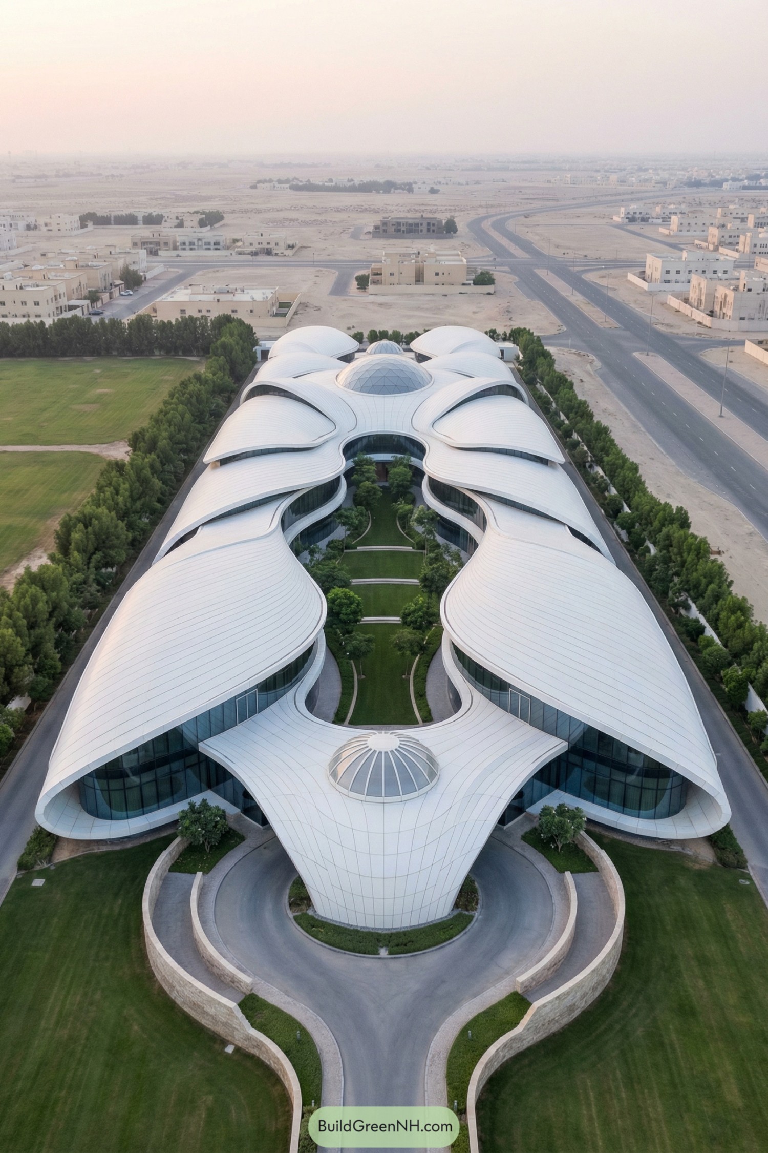 Futuristic white building with flowing shell roofs around a lush central courtyard in the desert