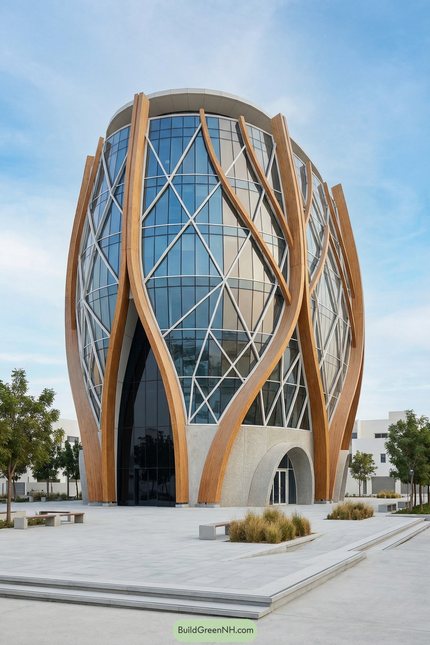 Curved glass tower wrapped in tall flowing wooden ribs on an open plaza