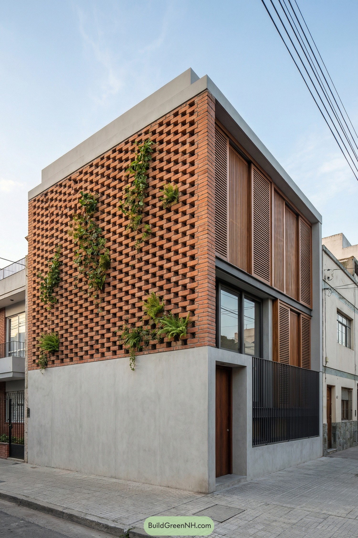 Modern corner house with perforated brick facade and climbing greenery