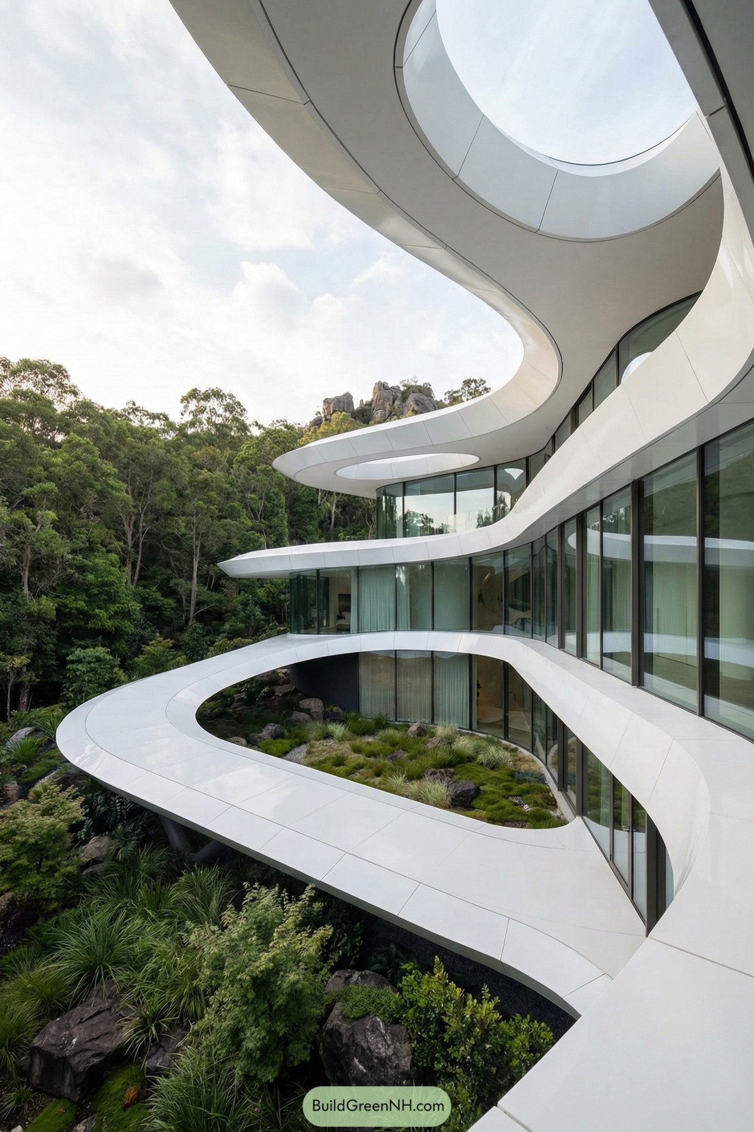 Curving white multi-level home overlooking lush forest
