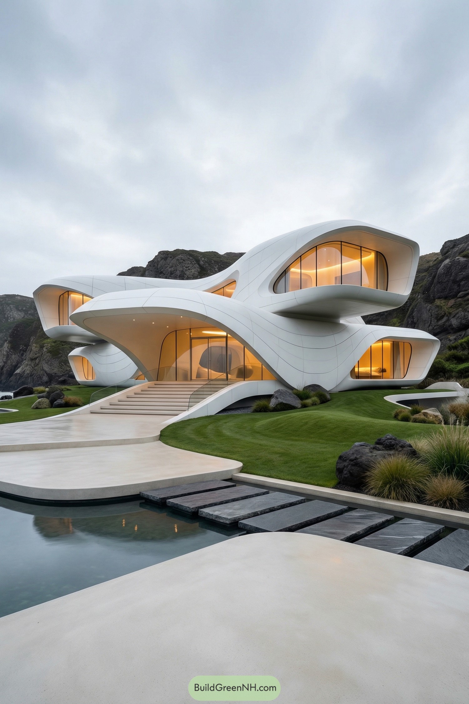 Futuristic white coastal villa with flowing organic curves