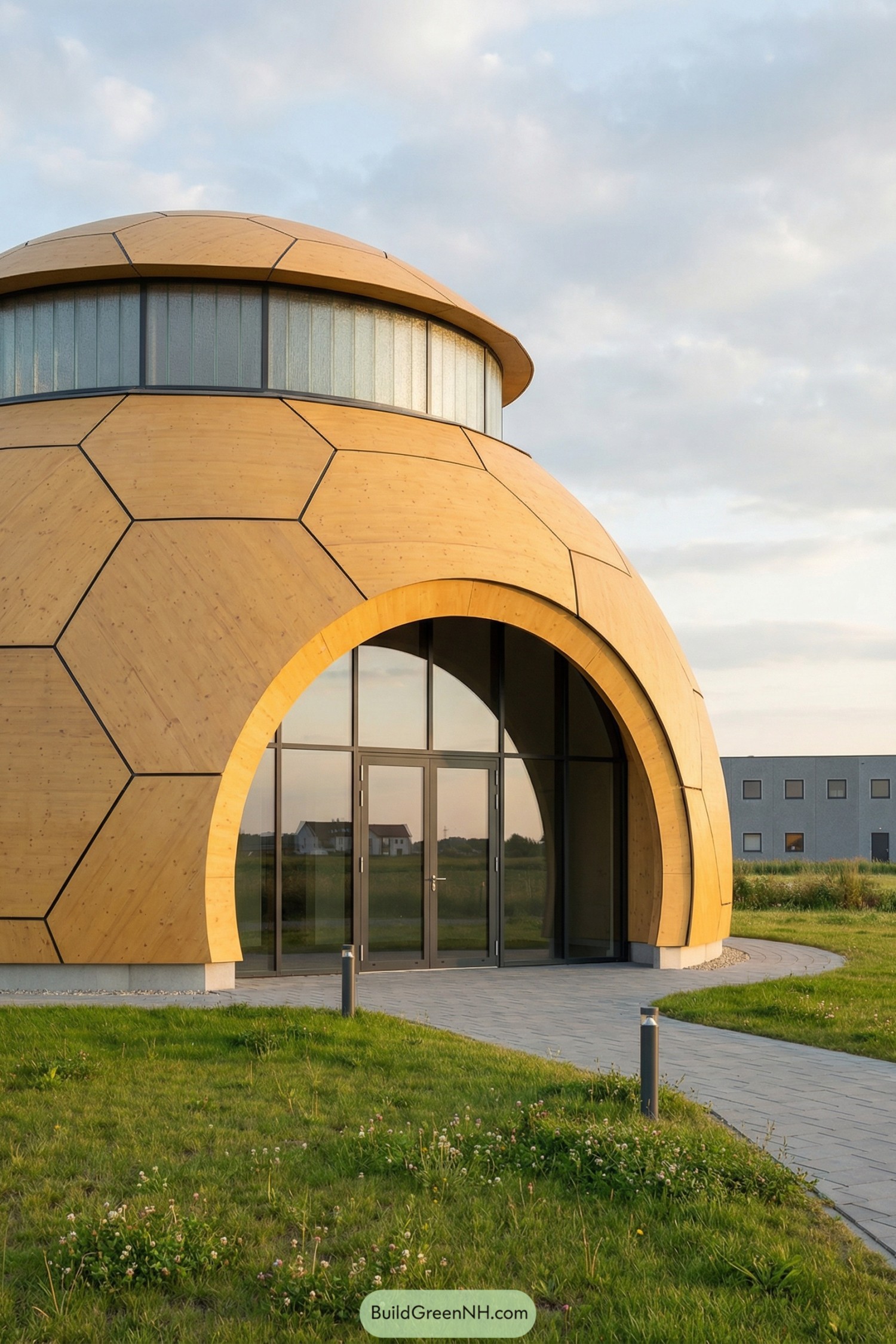 Rounded wooden dome pavilion with hexagonal panels and glass entrance