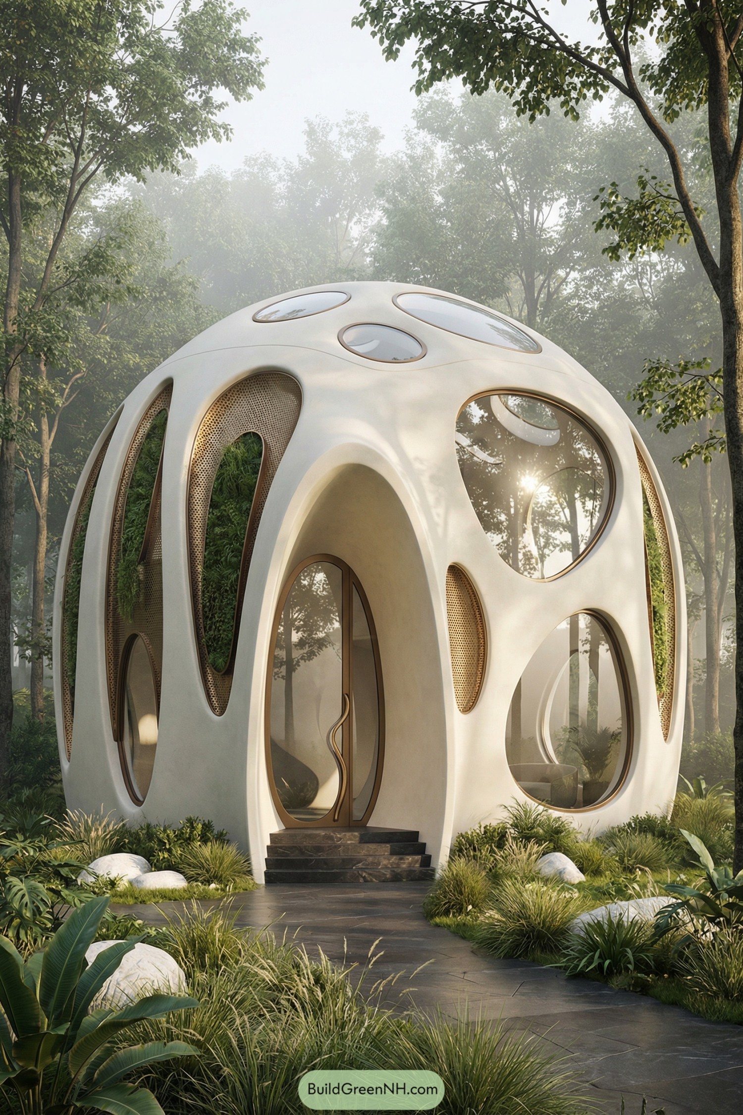 Futuristic dome house with organic window openings in a lush forest clearing