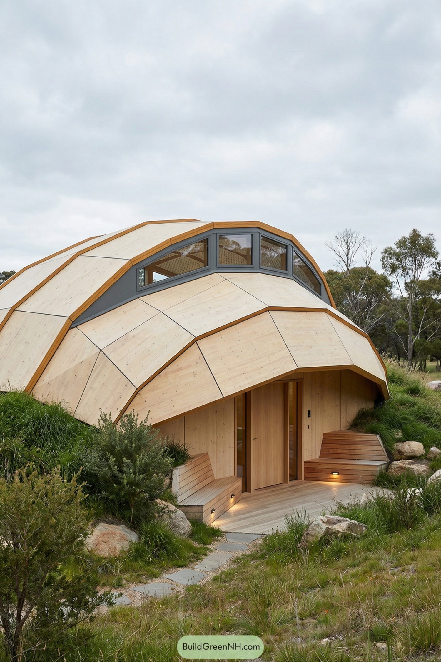 Wooden domed house with faceted shell-like exterior nestled in grassy landscape