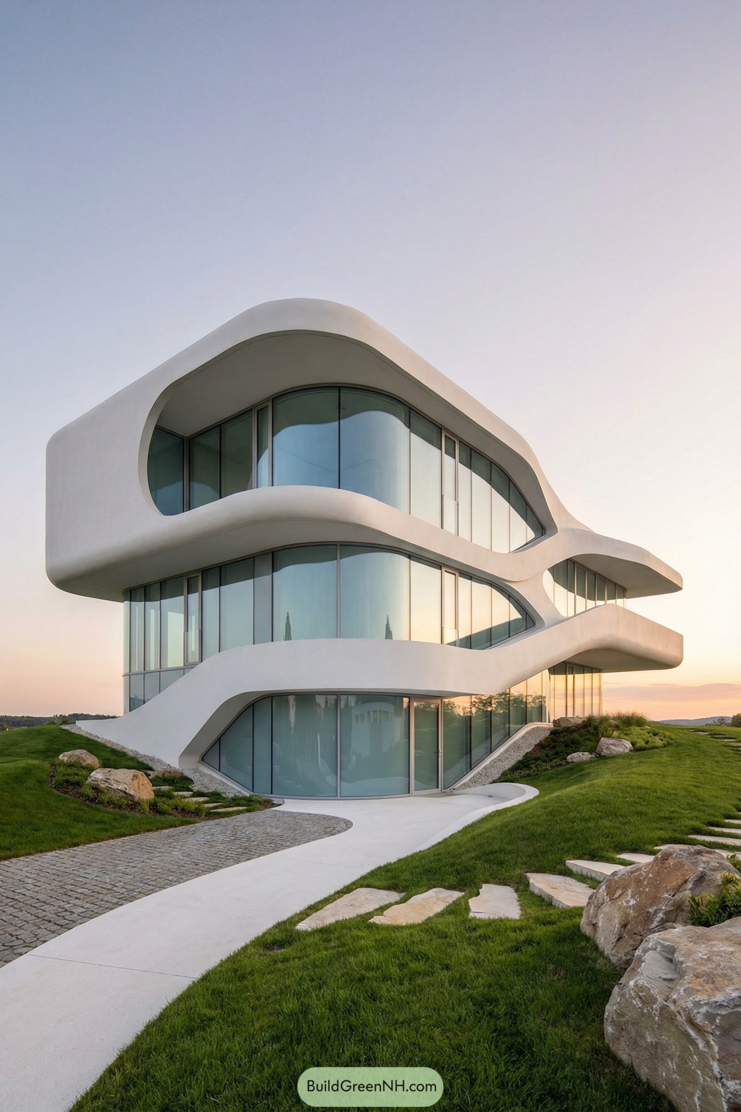 White curving glass house on a grassy hillside