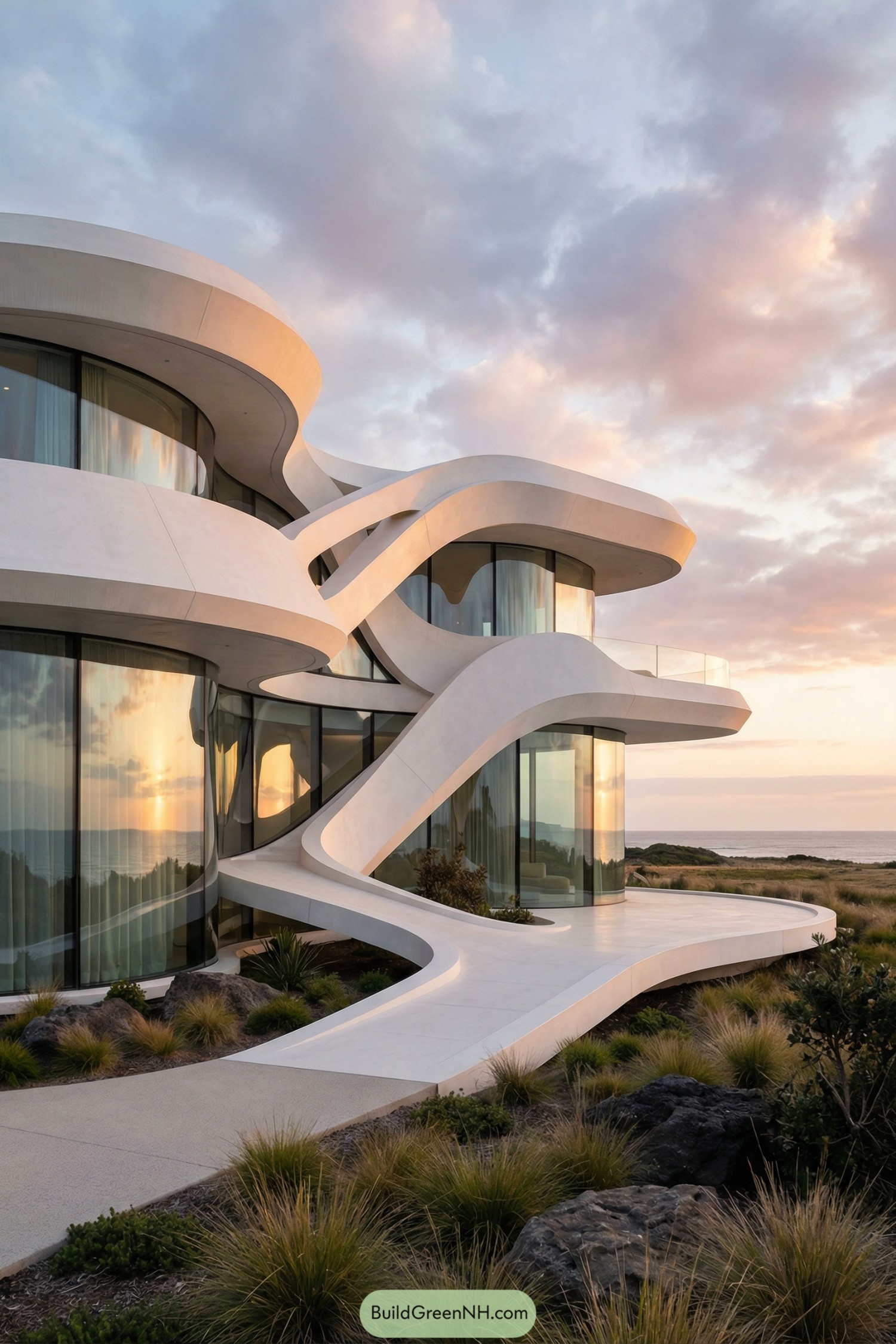 Futuristic white coastal home with flowing curves