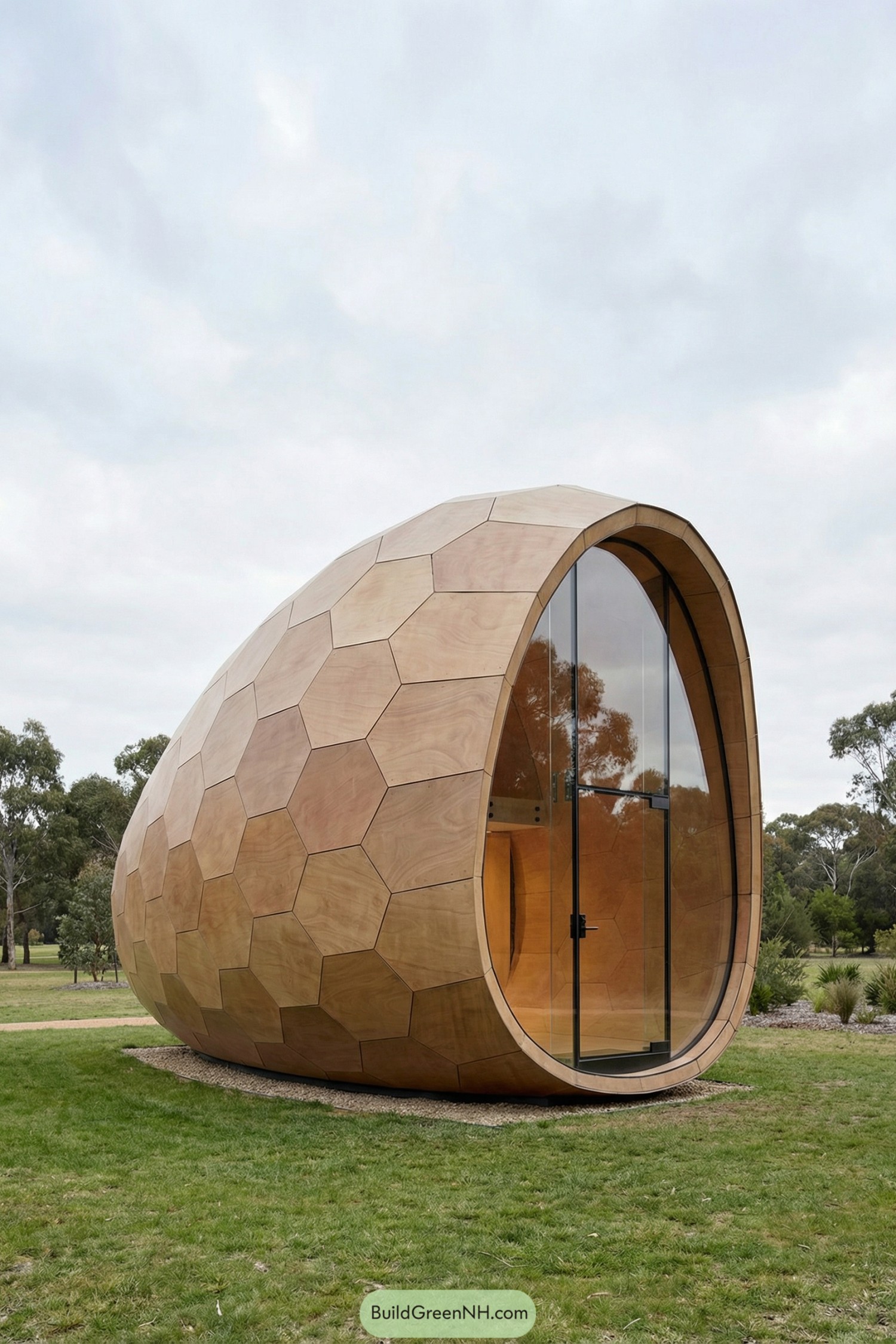 Egg shaped wooden pod with hexagonal panels and full height glass entry