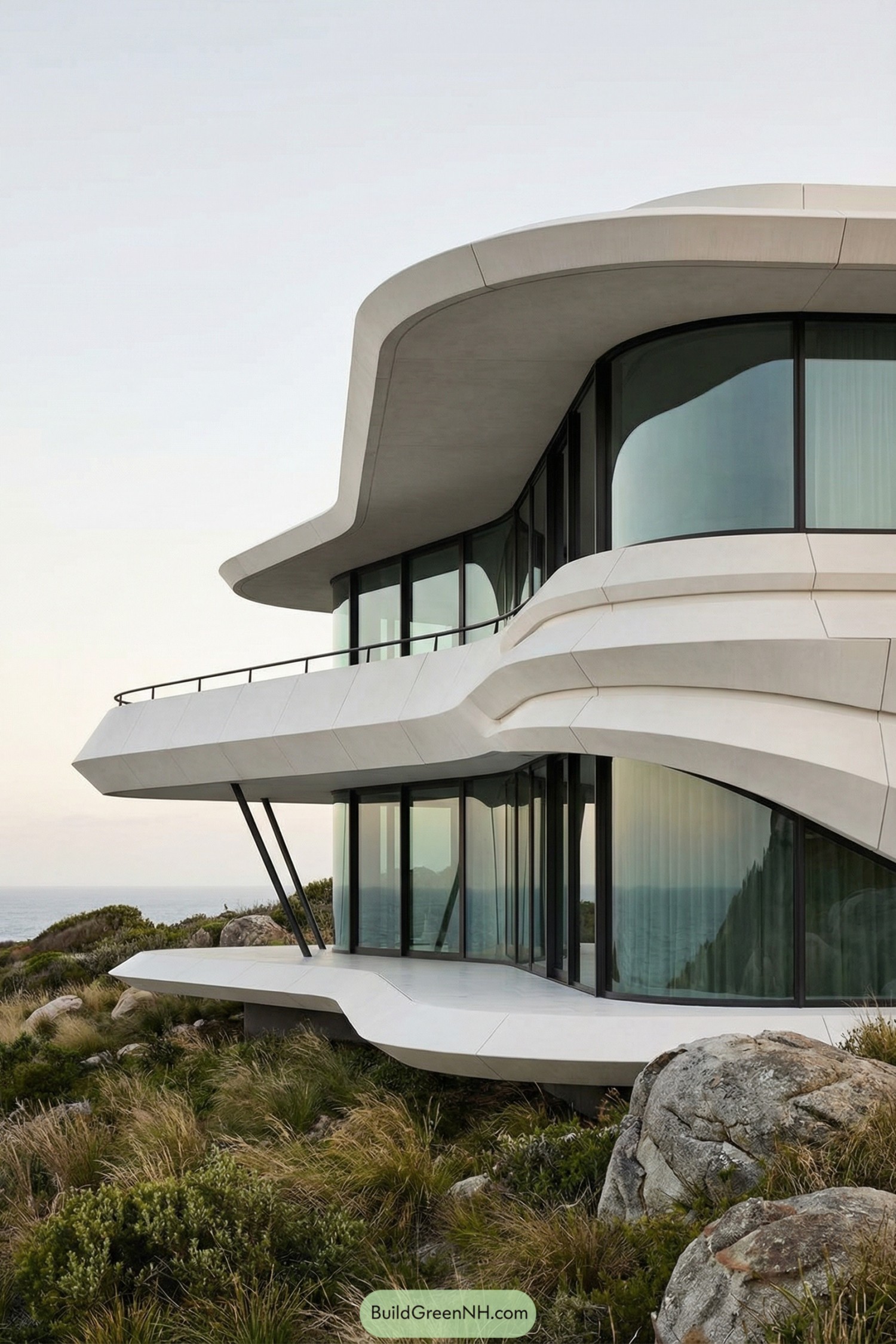 Futuristic white coastal house with layered curving terraces and expansive glass walls