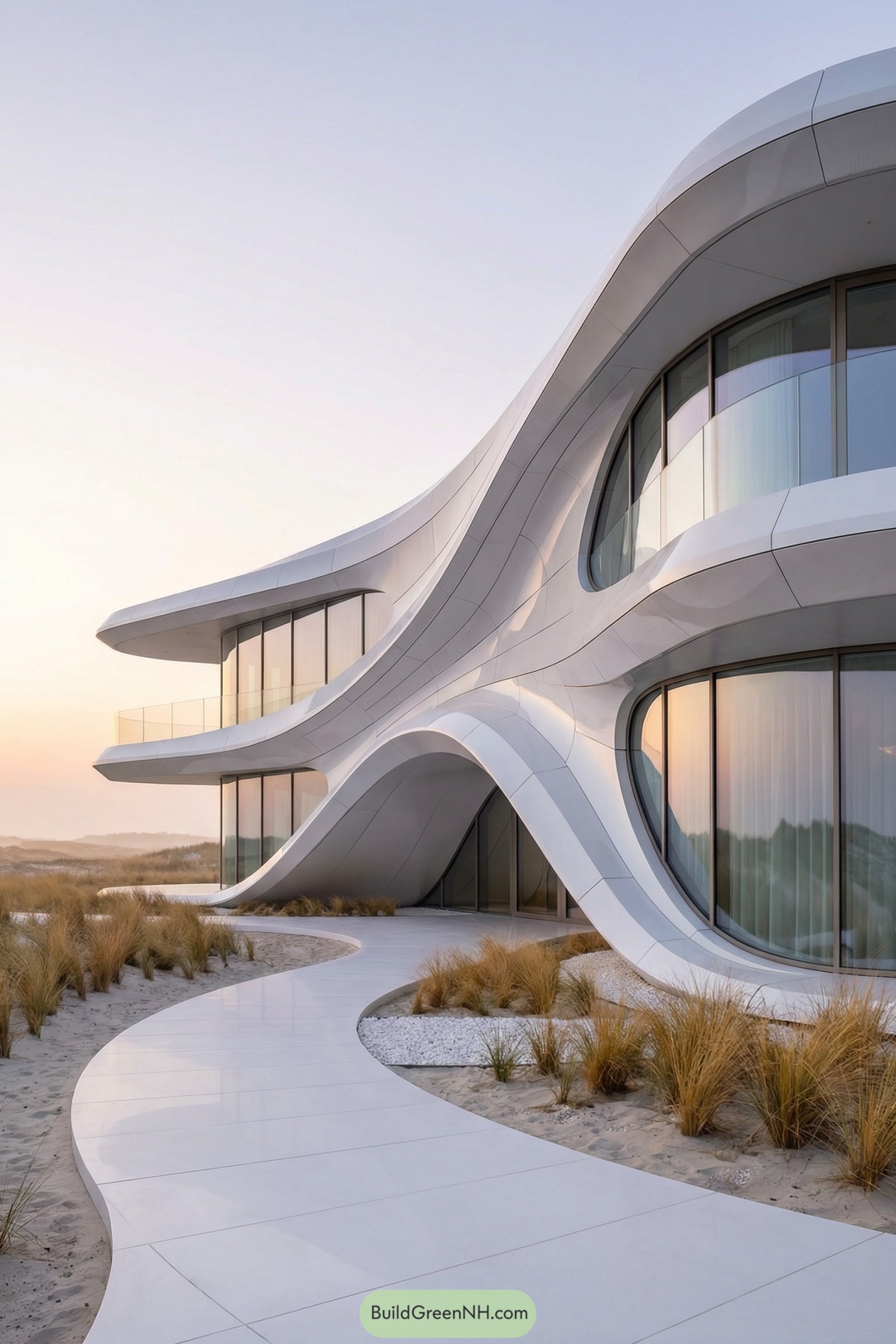 Futuristic white coastal house with flowing curves