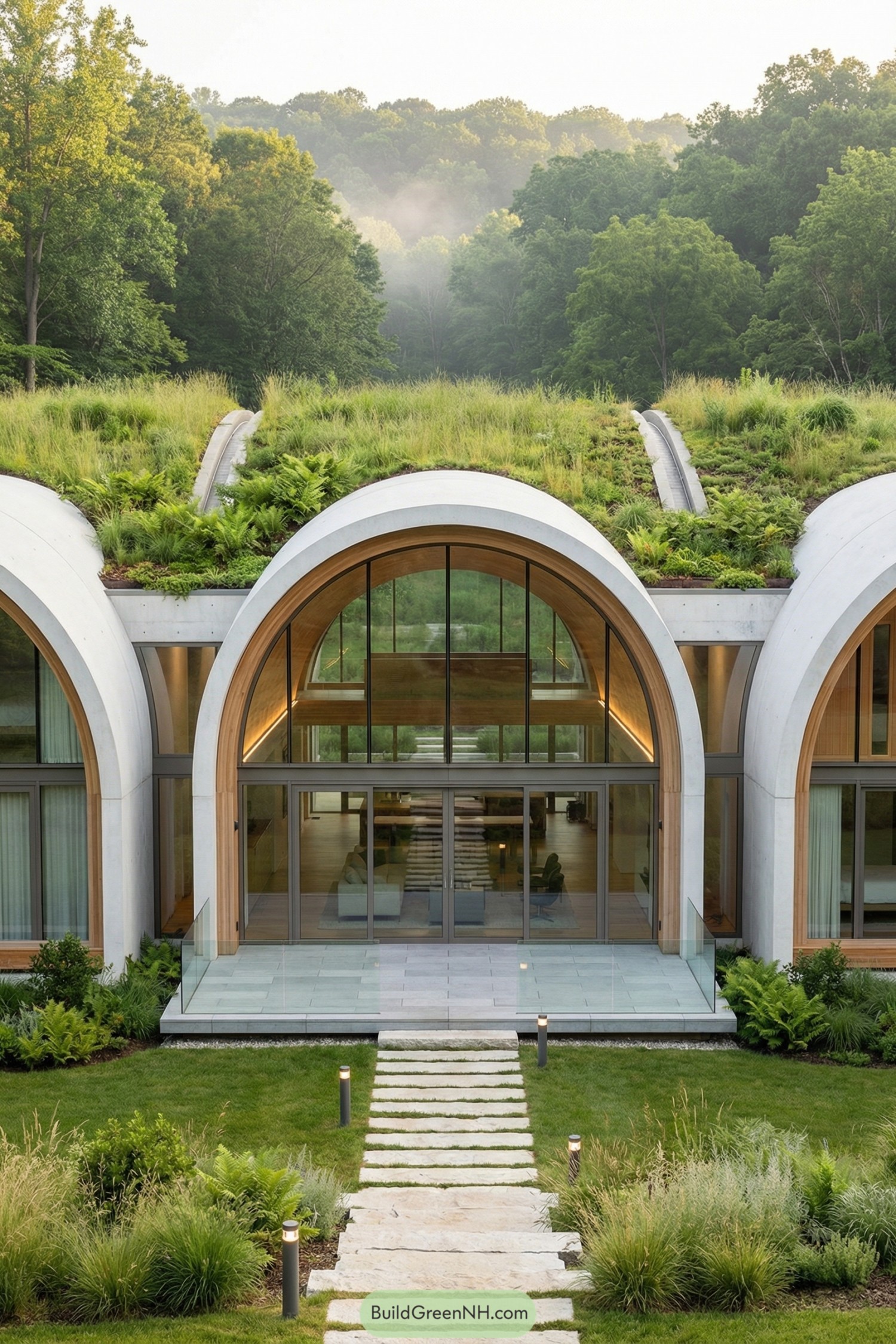 Earth sheltered home with arched glass façade and lush green roof blending into forested hillside