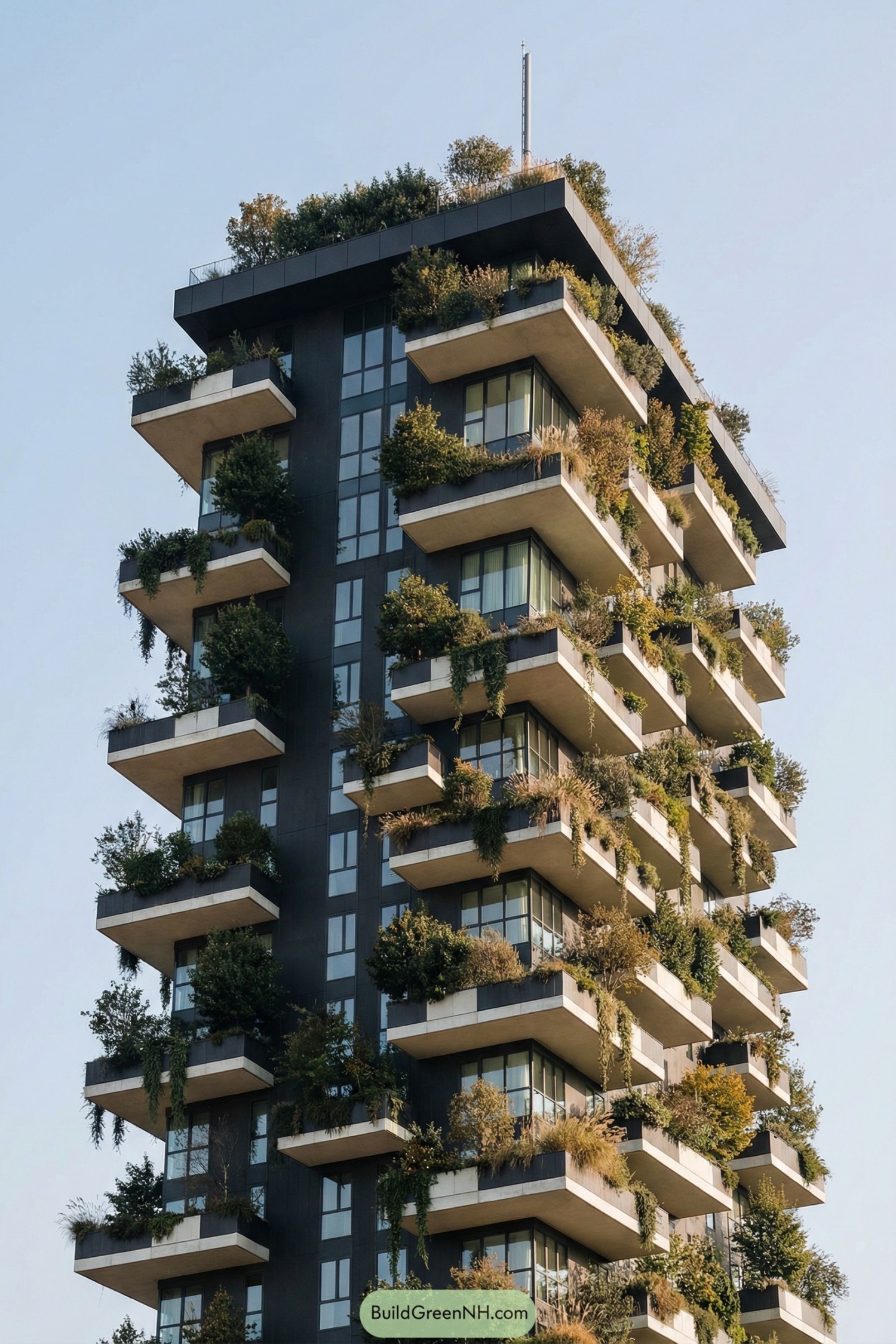 Tall residential tower with lush planted balconies