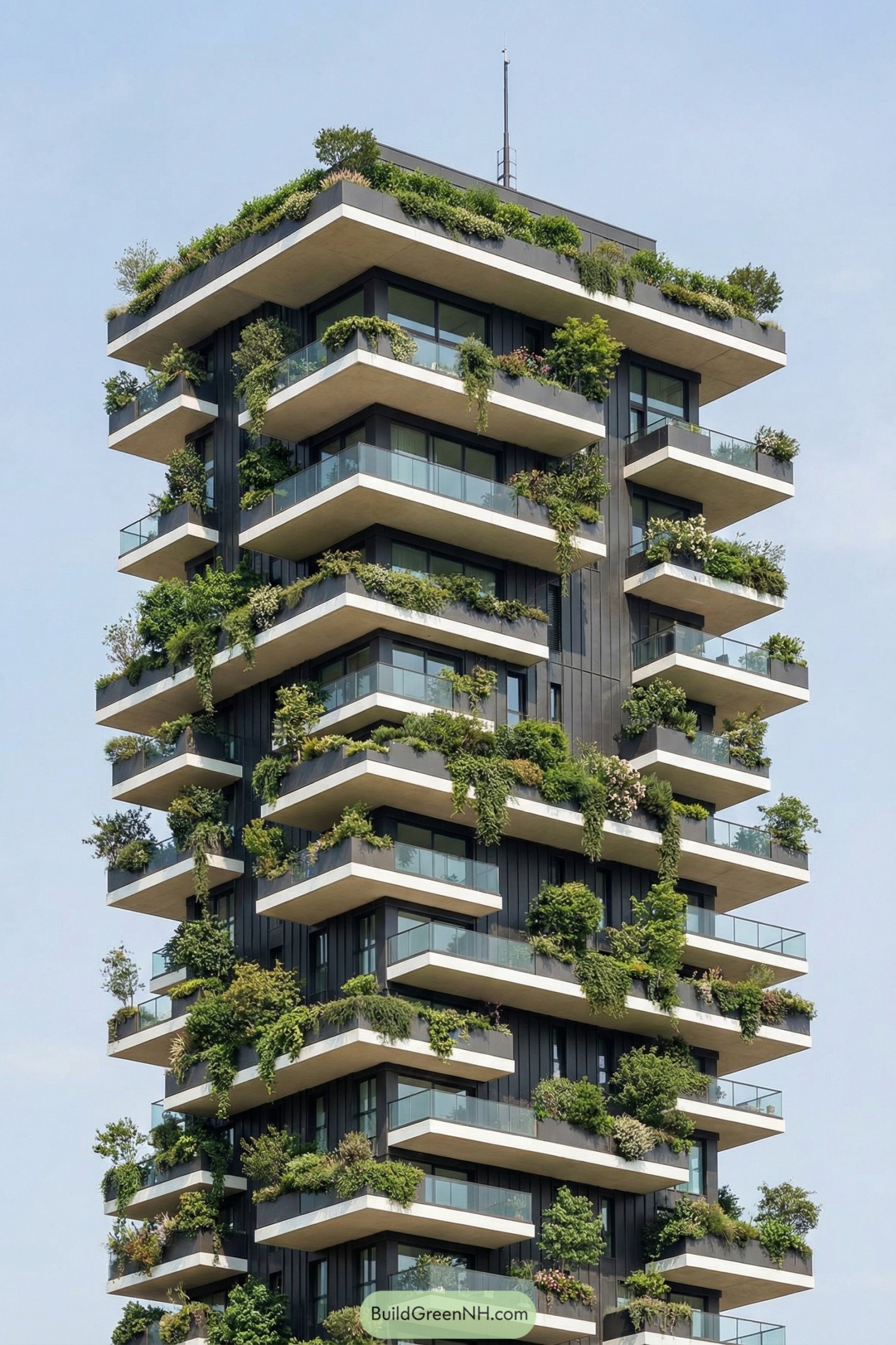 Tall apartment tower with stacked balconies covered in lush greenery