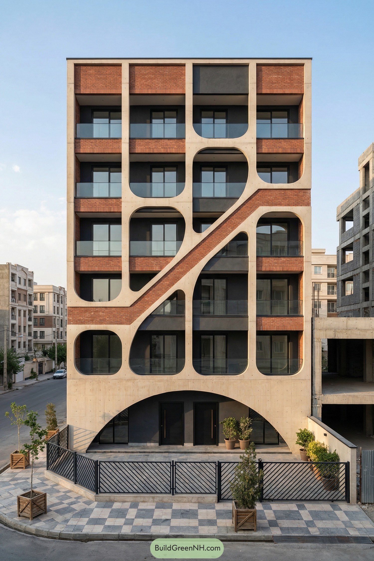 Curved concrete and brick apartment facade with glass balconies