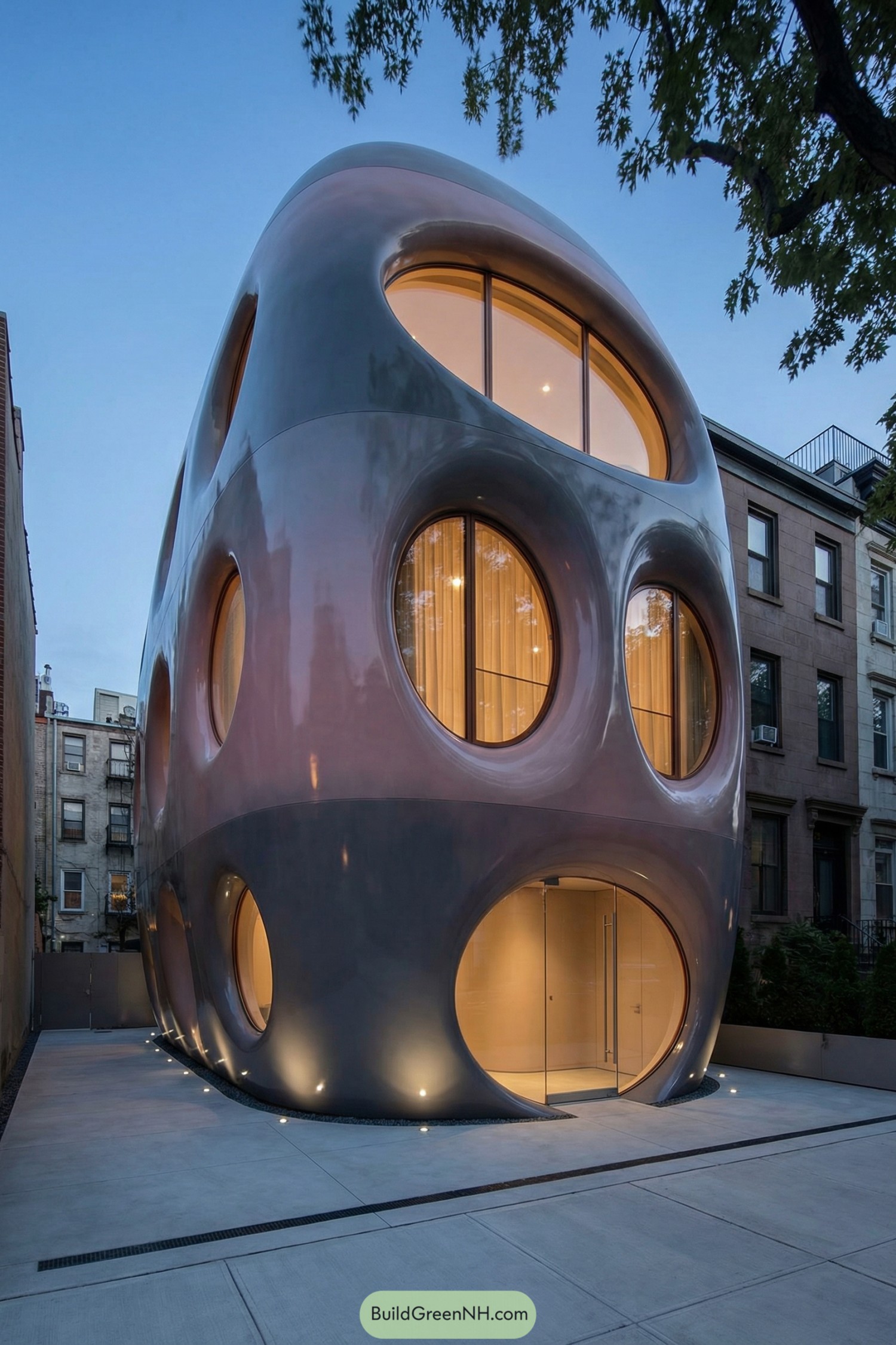 Rounded silver townhouse with large oval windows glowing at dusk
