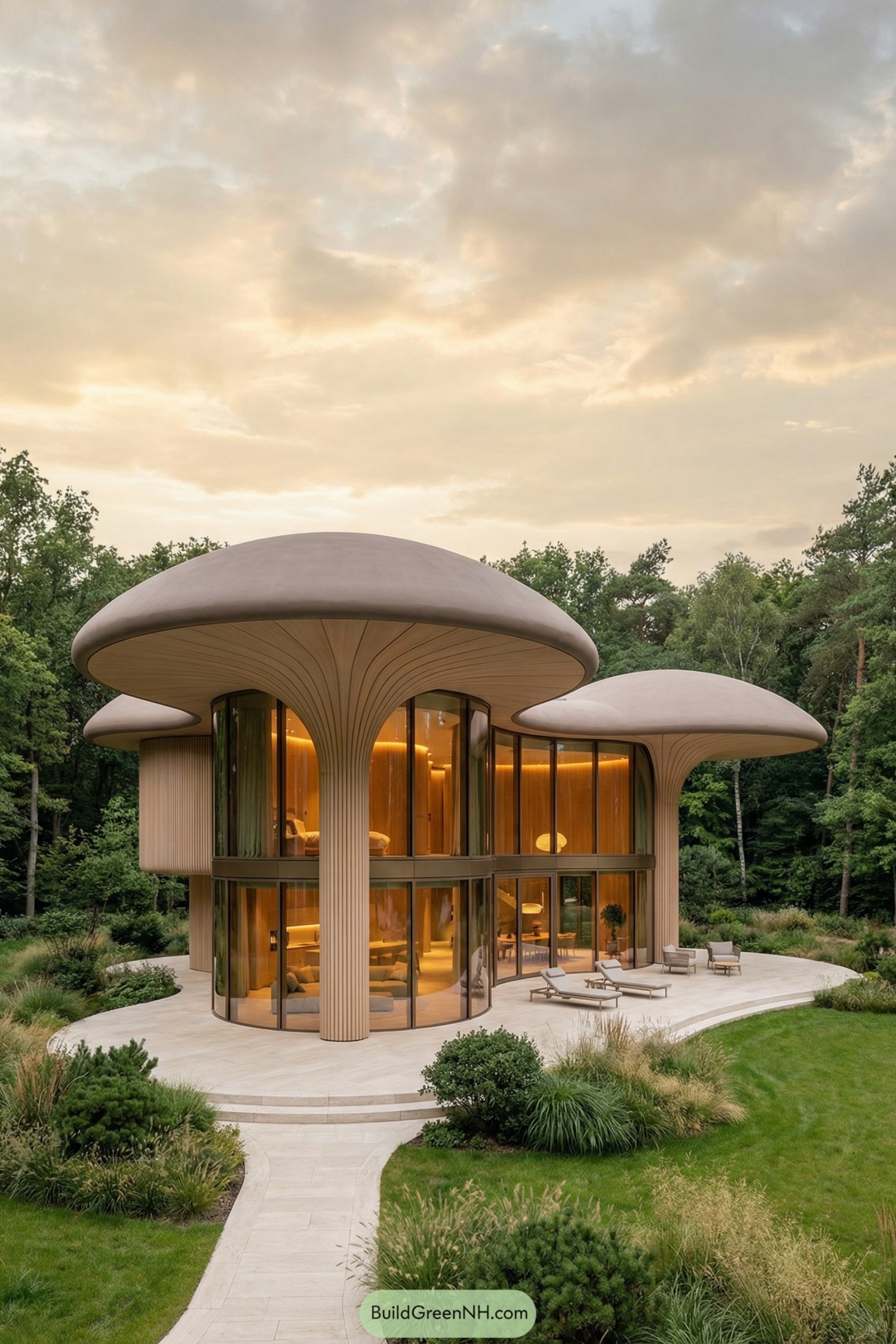high-res photo of Biomorphic Architecture house exterior, flowing organic facade with two-story curved glass walls and rounded volumes clustered under giant mushroom-like canopies, materials of vertically ribbed light wood or composite columns and soffits combined with expansive bronze-tinted glass and thin dark metal framing, warm natural colors of beige wood, soft taupe roofs, amber interior glow, and deep green vegetation, windows style as continuous floor-to-ceiling curved glazing wrapping the perimeter with minimal mullions, roof style formed by oversized biomorphic domed caps with smooth undersides and radial ribbing, door style as large sliding glass panels seamlessly integrated within the curtain wall, outdoor area with broad pale stone terrace wrapping the house, scattered modern low-profile lounge chairs and small tables, gently curving pale stone pathway leading from the foreground to the entrance, landscaping of low ornamental grasses and compact shrubs in naturalistic drifts over a manicured meadow-like lawn, surrounding background of dense mixed forest forming a soft green wall around a clearing, evening setting with warm interior illumination, soft golden-hour sky with scattered clouds, tranquil and picture-worthy forest clearing. single real-life photo, high-resolution, architectural photography, soft lighting, cinematic composition, strictly no collages.