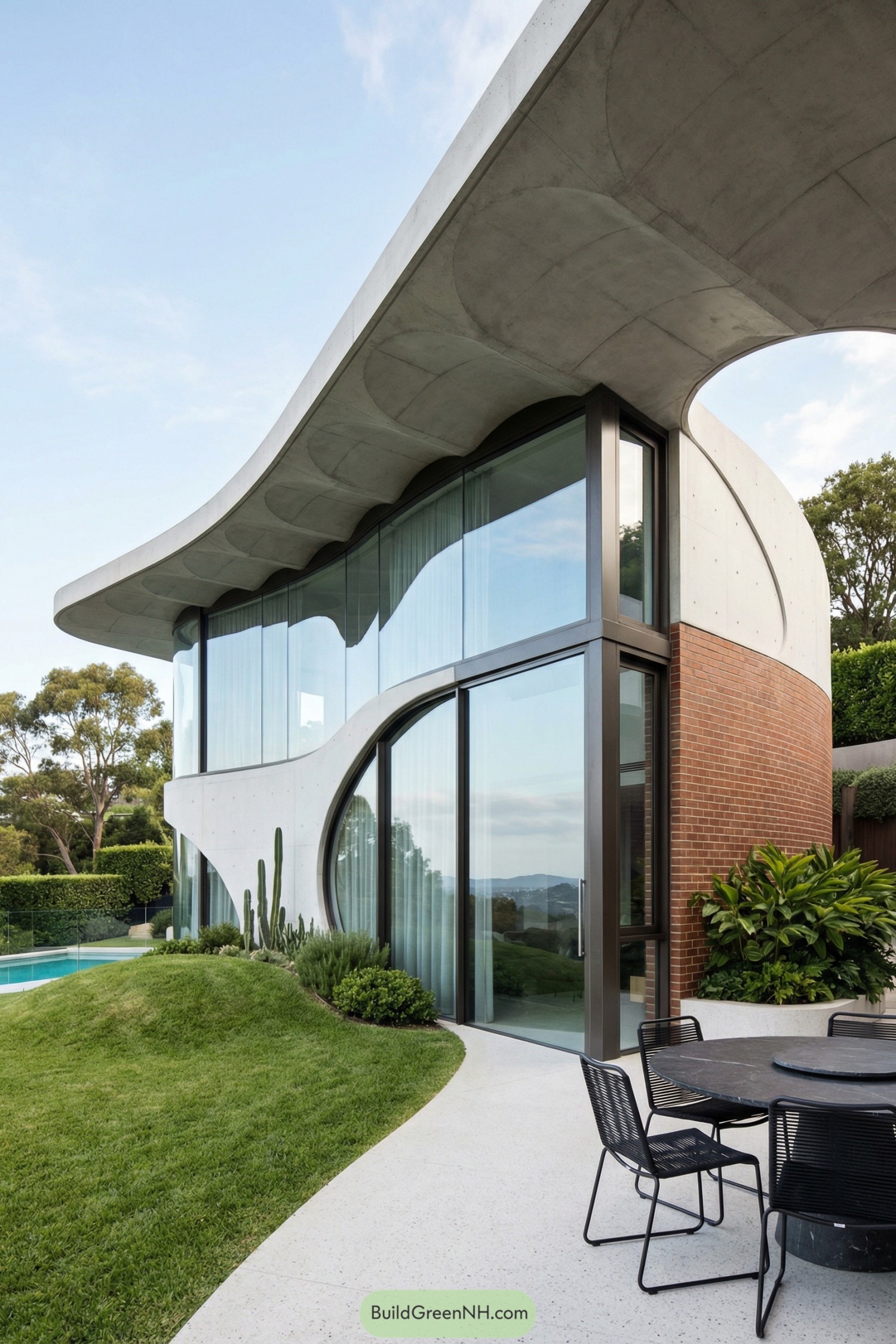 Curved concrete and glass house beside a pool and garden patio