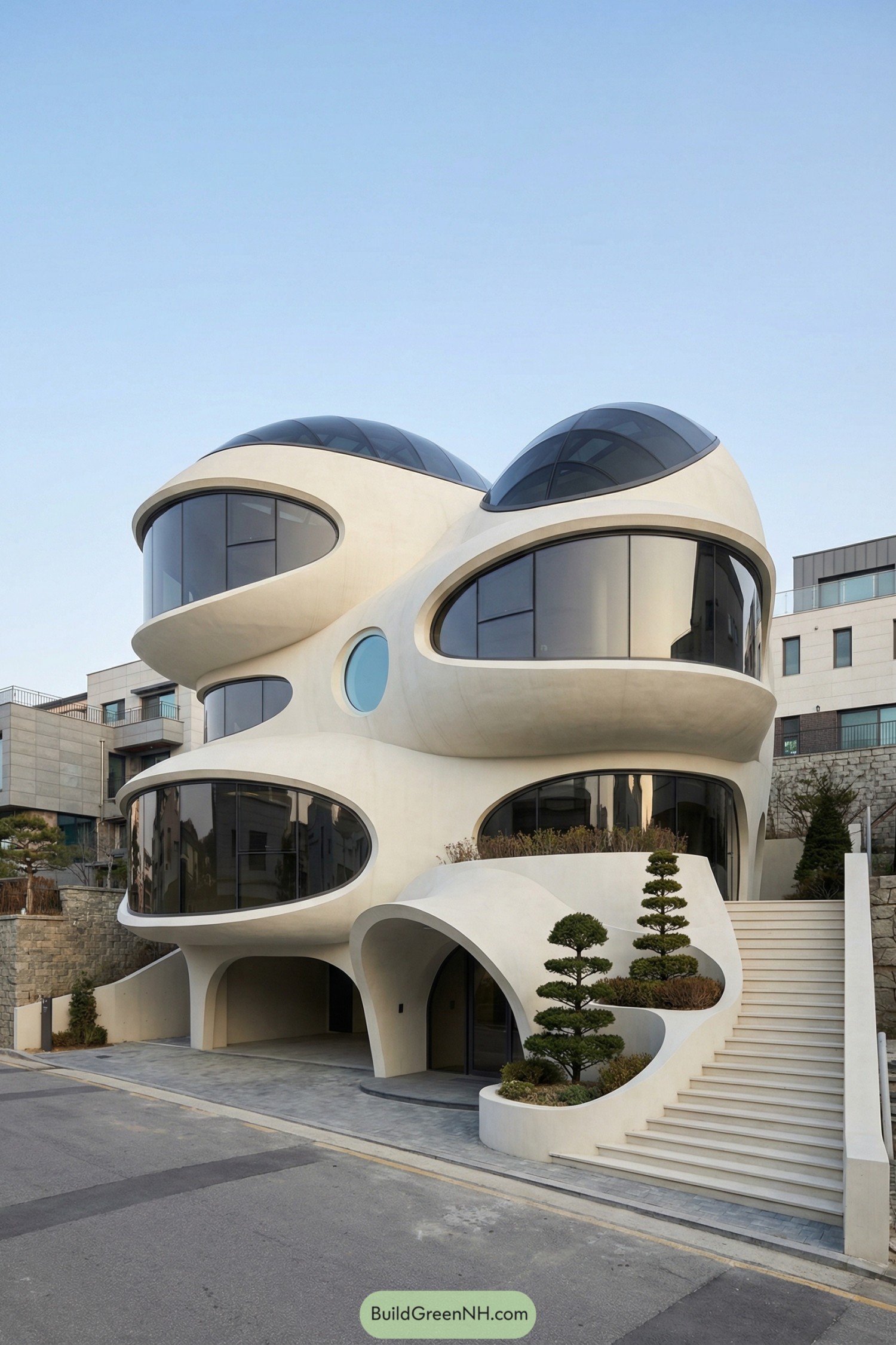 Futuristic white multi-pod house with sweeping curved glass