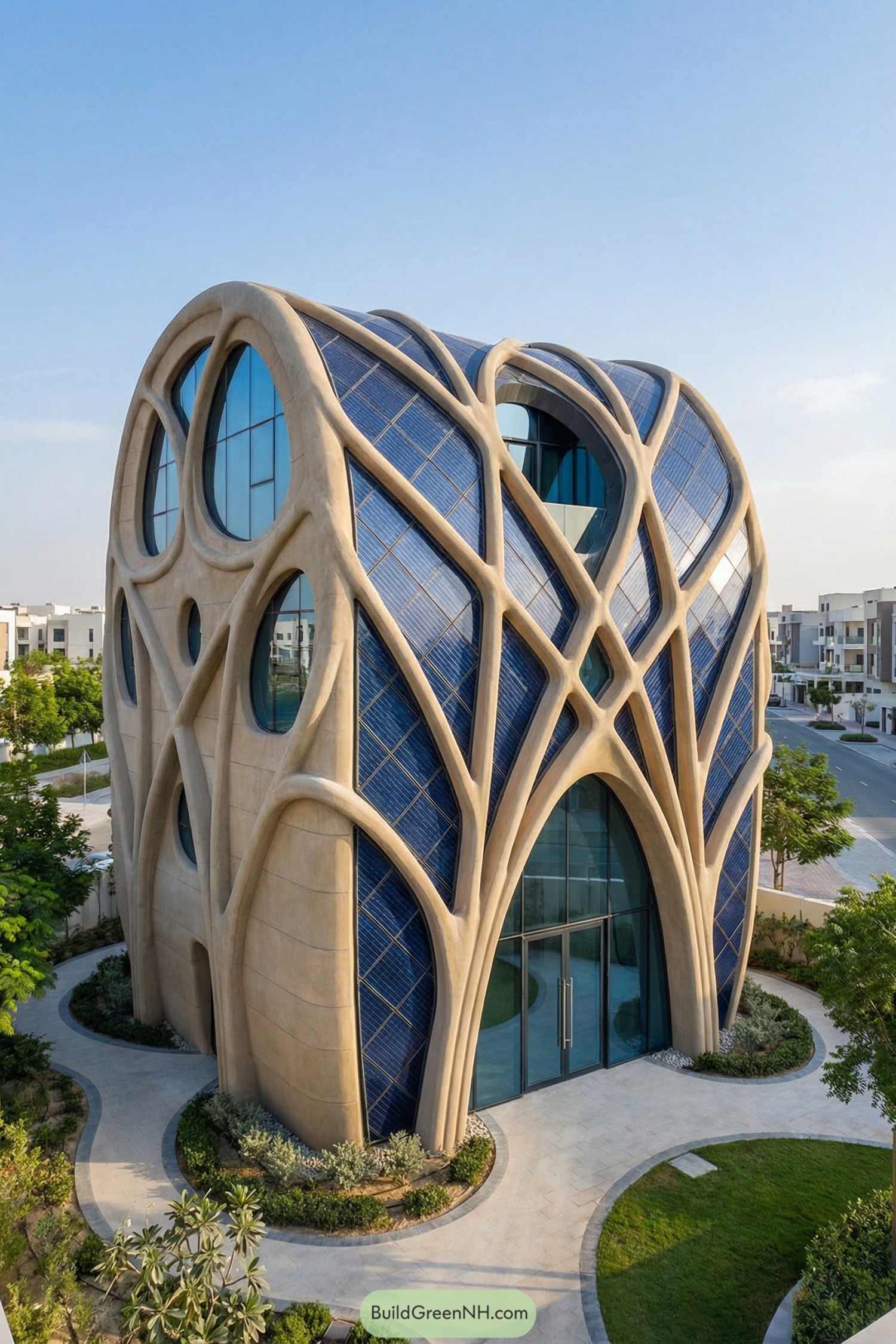 Organic sculpted building with blue solar skin and large glass entry